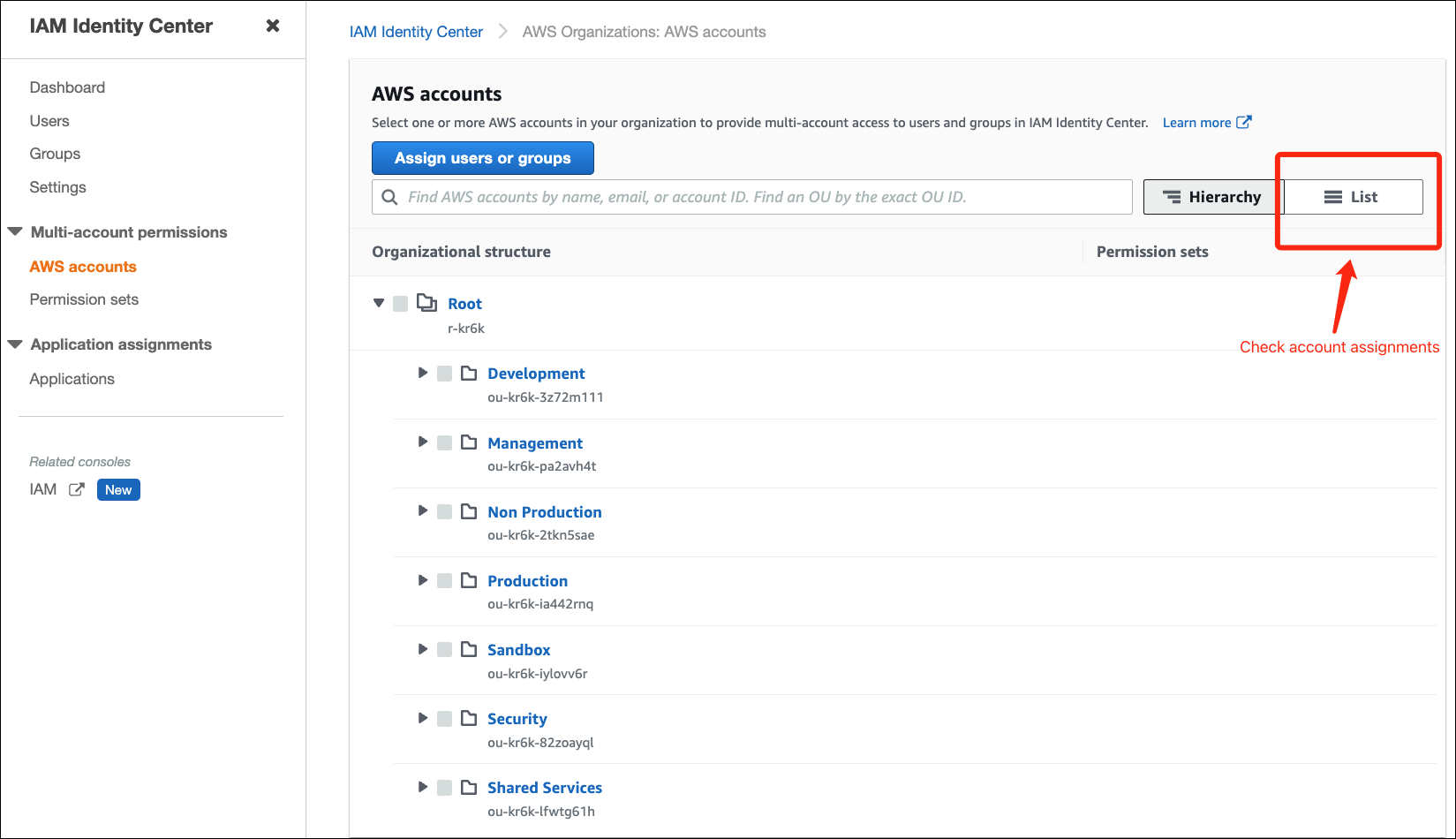 List of AWS accounts in IAM Identity Center