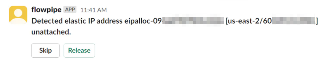 Image showing how the pipeline detects one unattached Elastic IP address and waits for a decision in a Slack channel