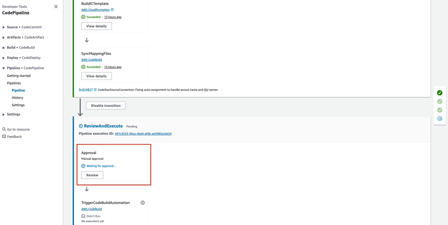 Figure 7: CodePipeline waiting for manual approval
