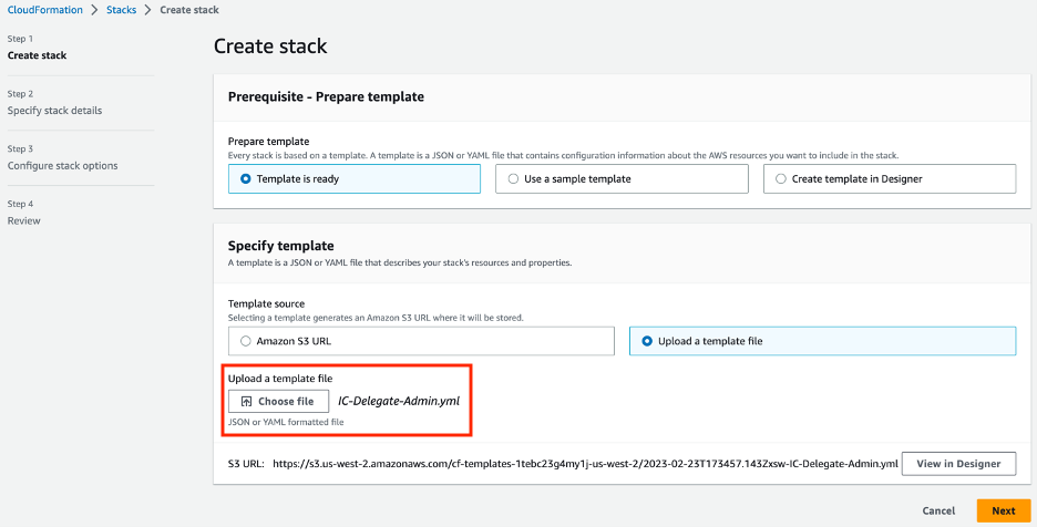 Creating a CloudFormation Stack using IC-Delegate-Admin.yml