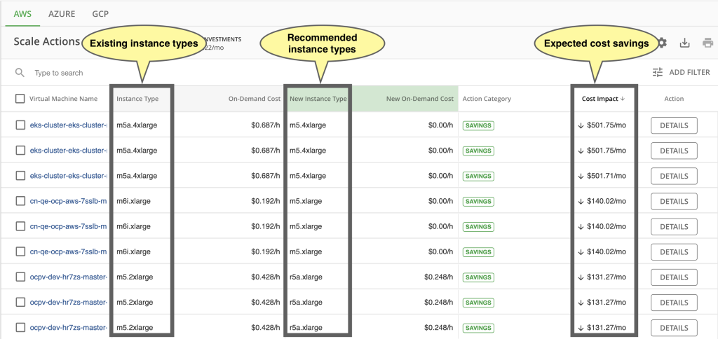 Screenshot showing some suggested actions to optimize Amazon EC2 instances for performance or savings.