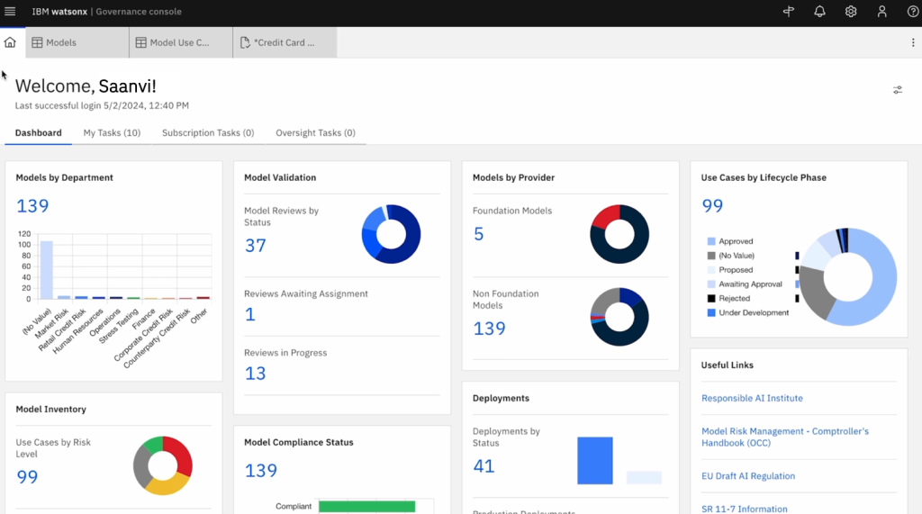 Customers can visualize key AI/ML model metrics, including risk levels from IBM watsonx.governance dashboard.
