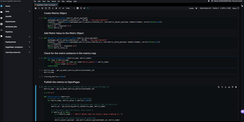 Publish Amazon SageMaker model information to IBM watsonx.governance using a Jupyter Notebook on Amazon SageMaker Studio.