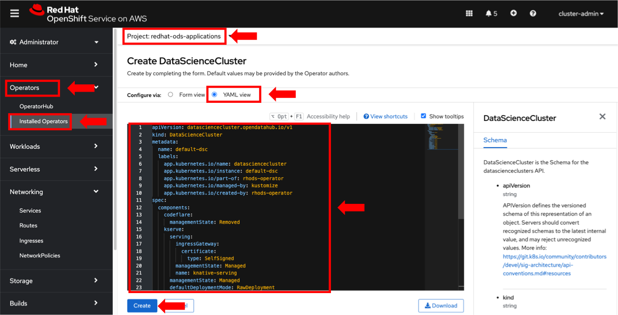 OpenShift web console showing the steps to create an OpenShift AI Data Science Cluster instance.