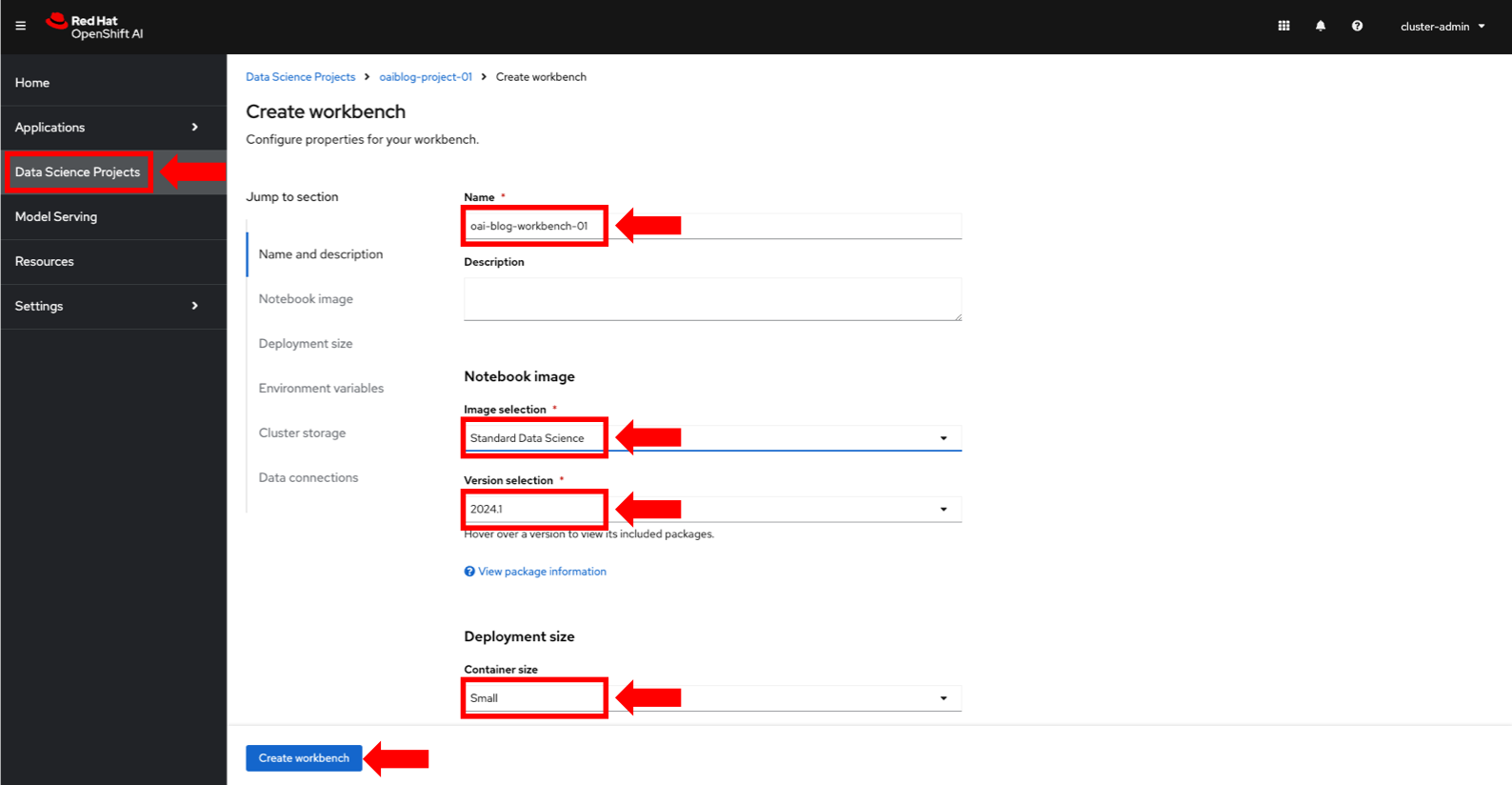 OpenShift AI dashboar showing the steps to create a new Data Science workbench.