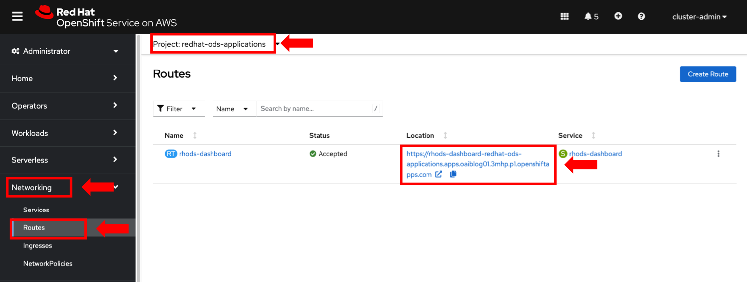 OpenShift web console network, routes showing the link to the OpenShift AI dashboard console.