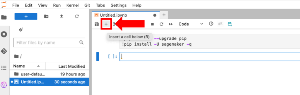 This screenshot shows how to add new cells to your Jupyter notebook to add the Python code.