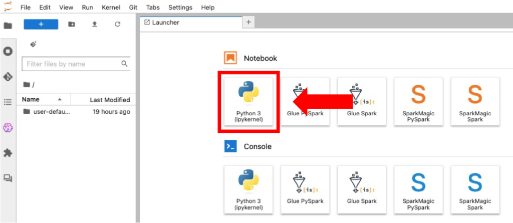 This screenshot from the JupyterLab web-IDE shows how to create a new Python 3 notebook.