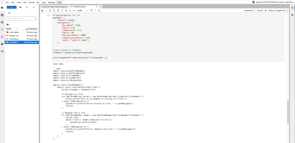 This screenshot from the Jupyter Notebook shows the output of a Java code generated by IBM Granite.
