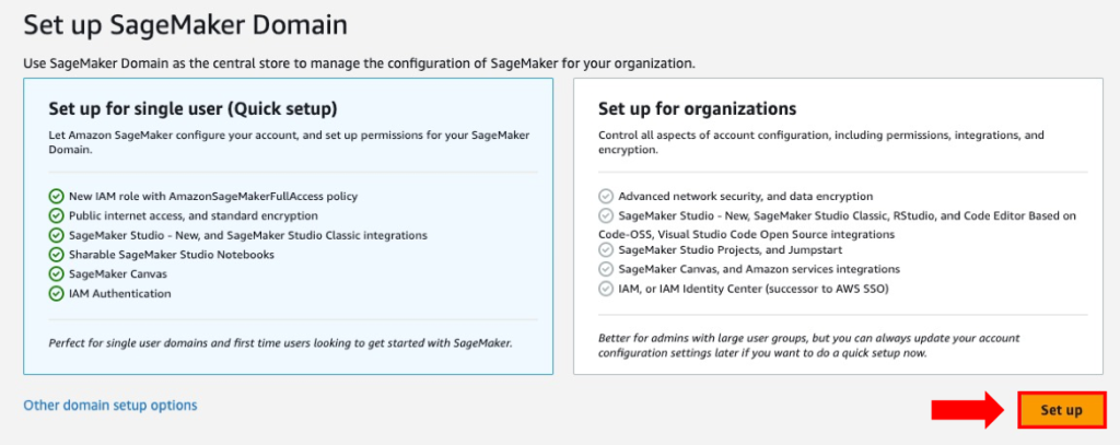 This screenshot shows how to setup an Amazon SageMaker domain for a Single User, using the Quick setup option.
