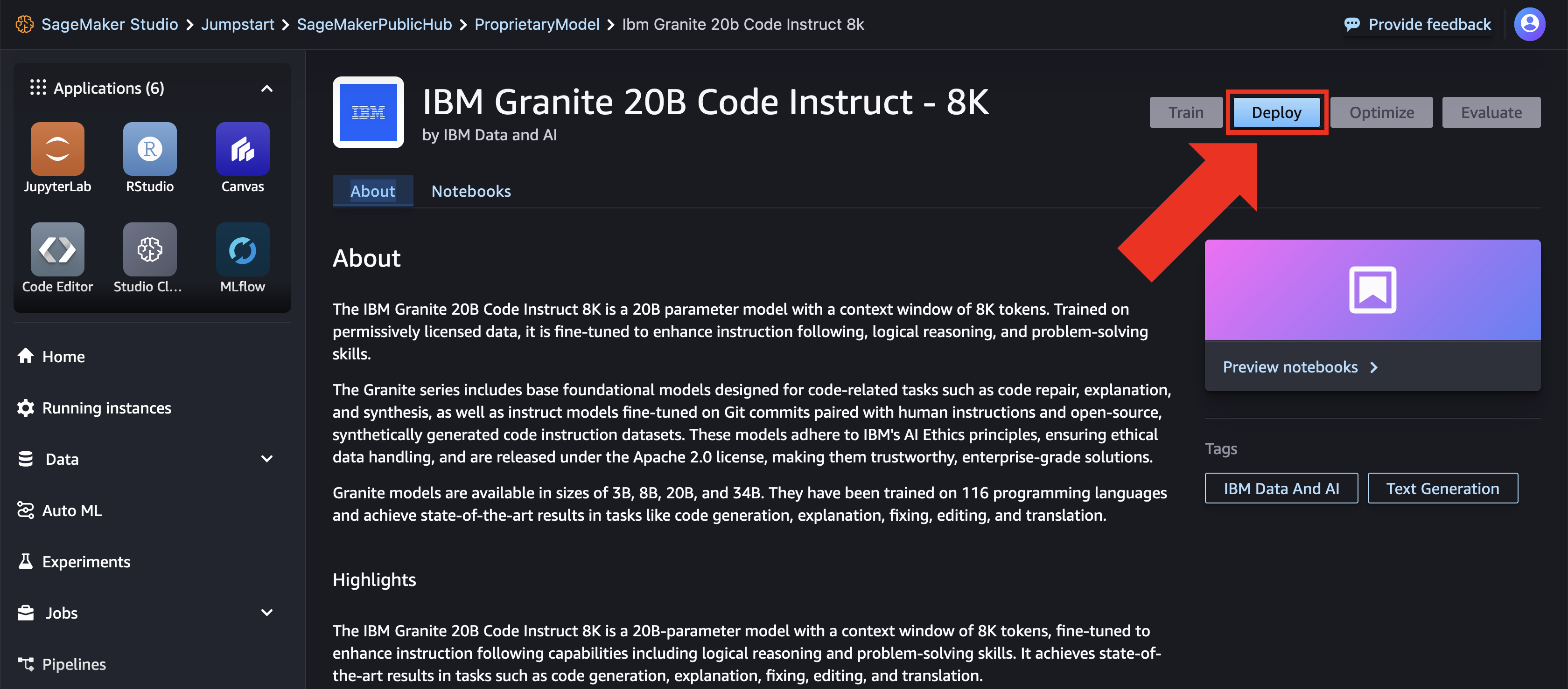 ScreenShot shows how to deploy IBM Granite Code model from SageMaker JumpStart.