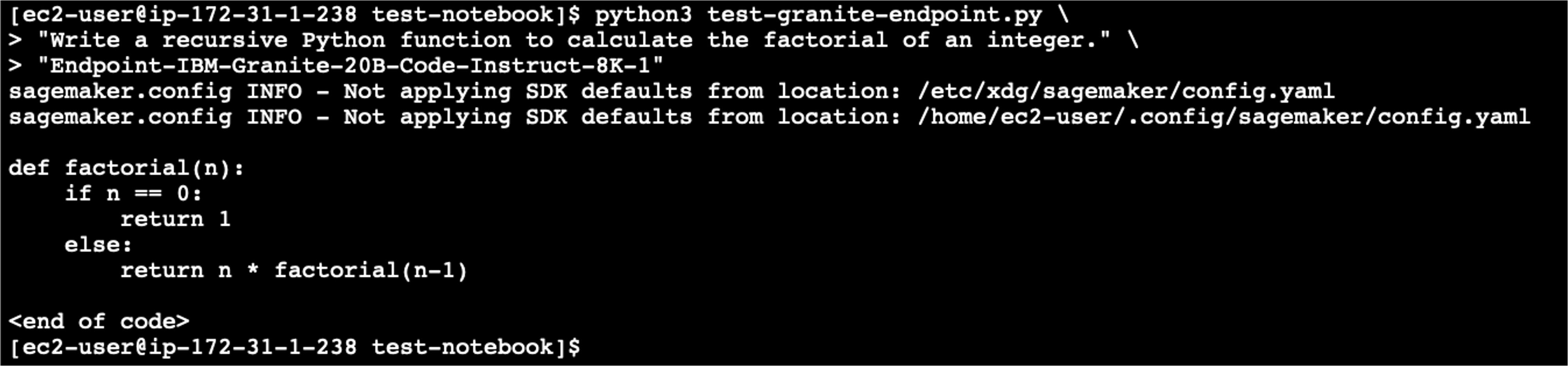 Screenshot shows how to execute a Python script to invoke your Amazon SageMaker Real-time inference with IBM Granite Code Model.