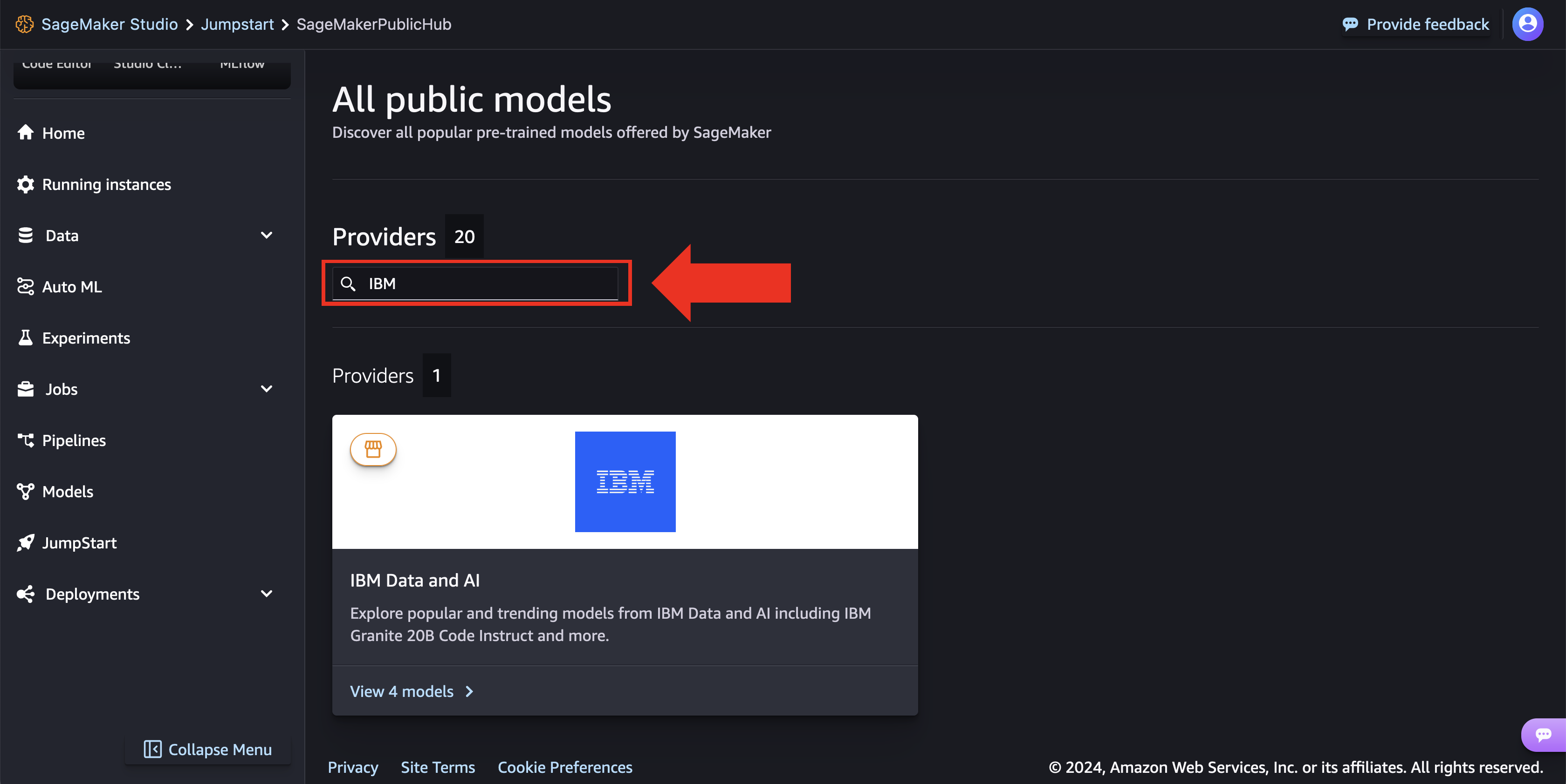 Screenshot shows how to search for IBM Granite Code models on SageMaker JumpStart.