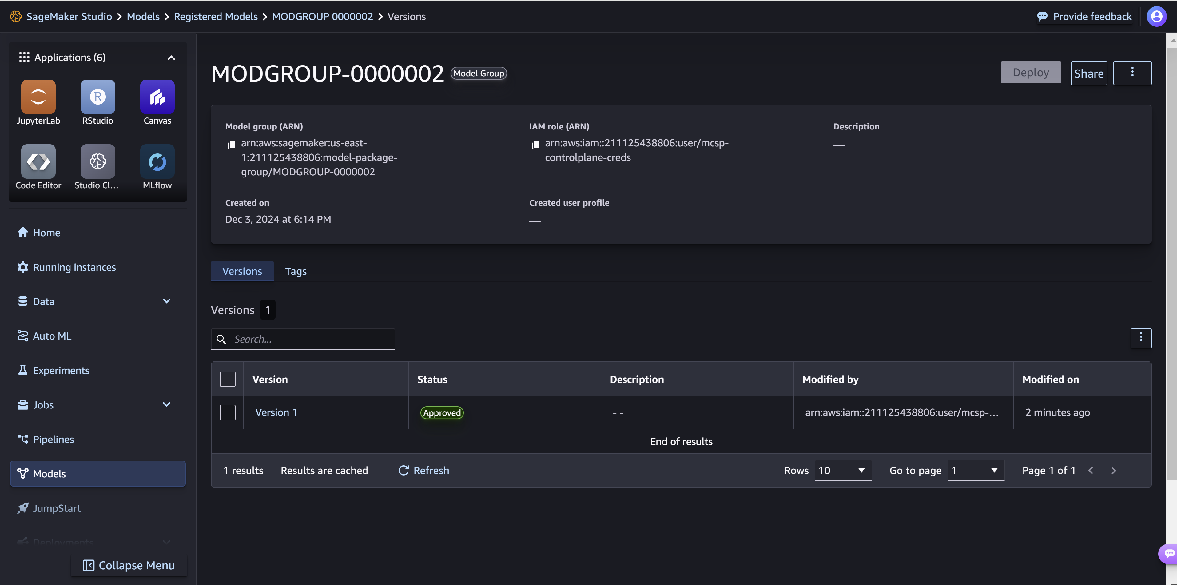 Screenshot of the SageMaker Studio UI showing the Governance approval reflected in the SageMaker model package.