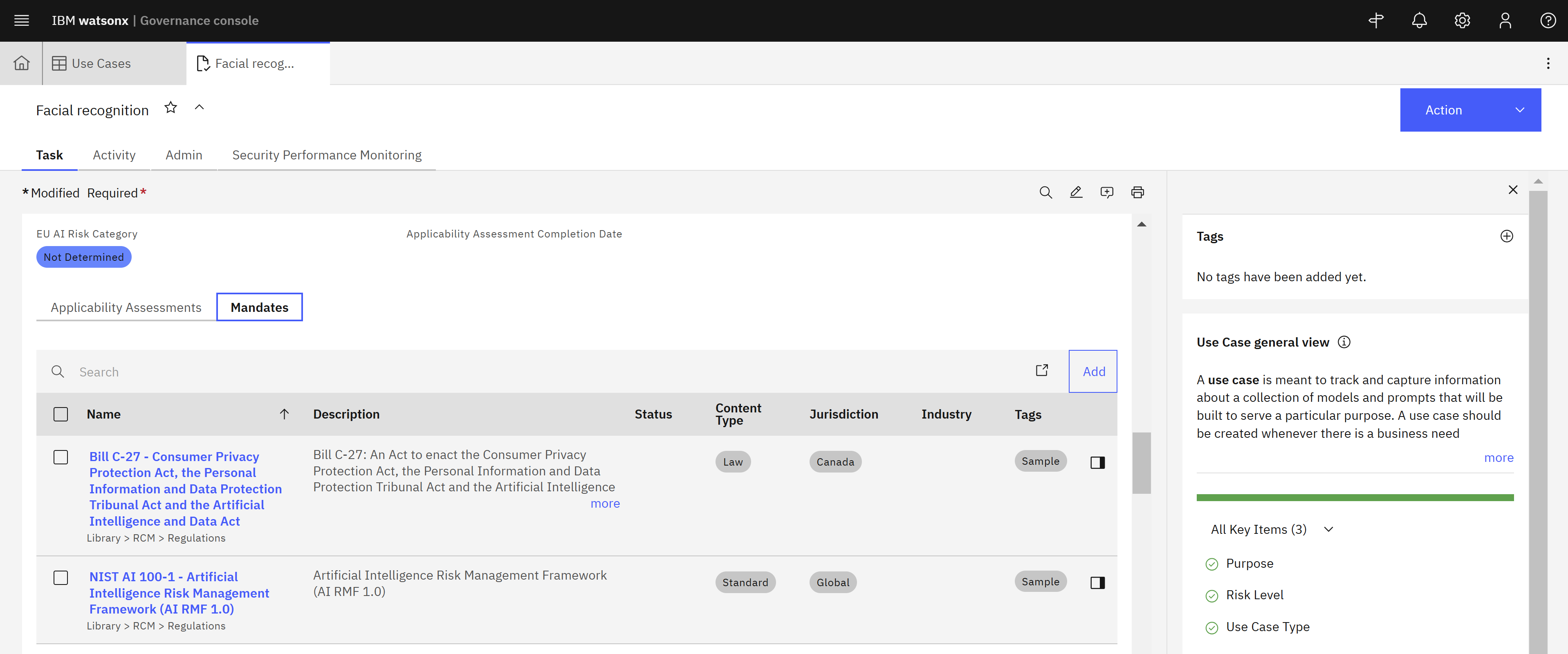 Screenshot shows how to add applicable mandates to the AI Use Case in IBM watsonx.governance.