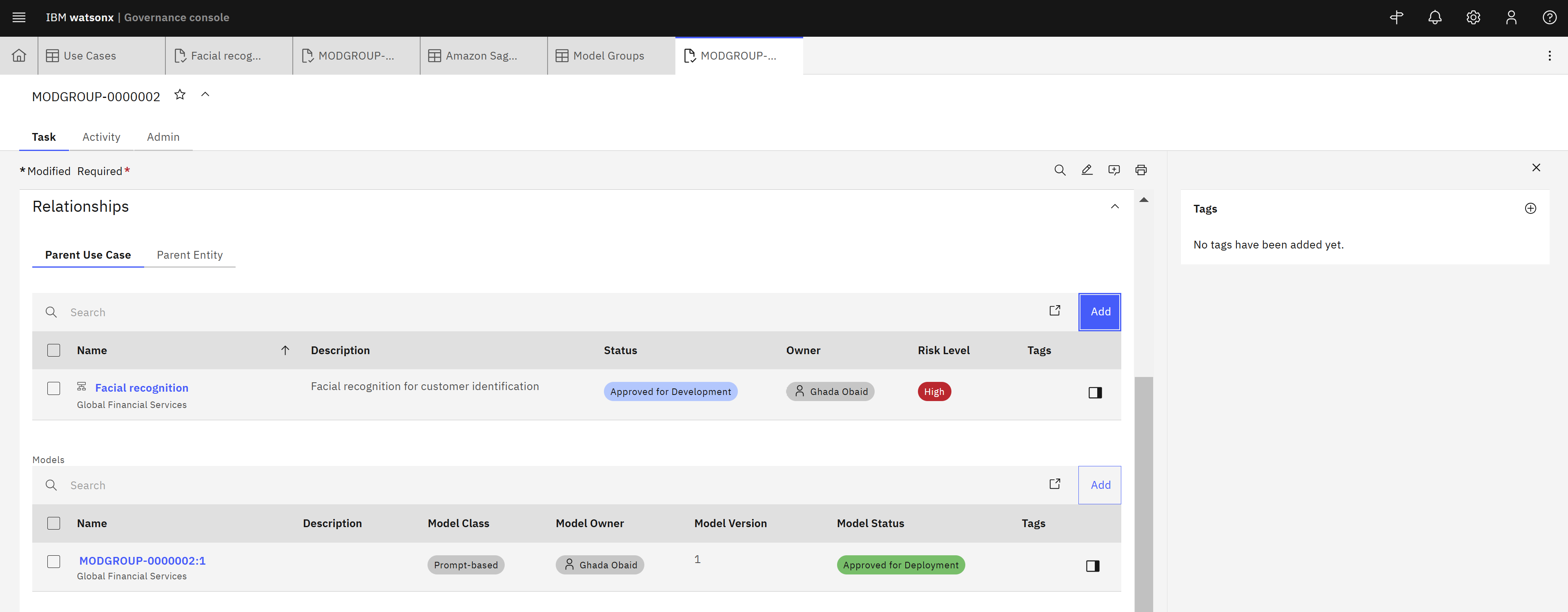 Screenshot of the watsonx.governance console showing the Automatically linked SageMaker model to model group and use case in watsonx.governance.