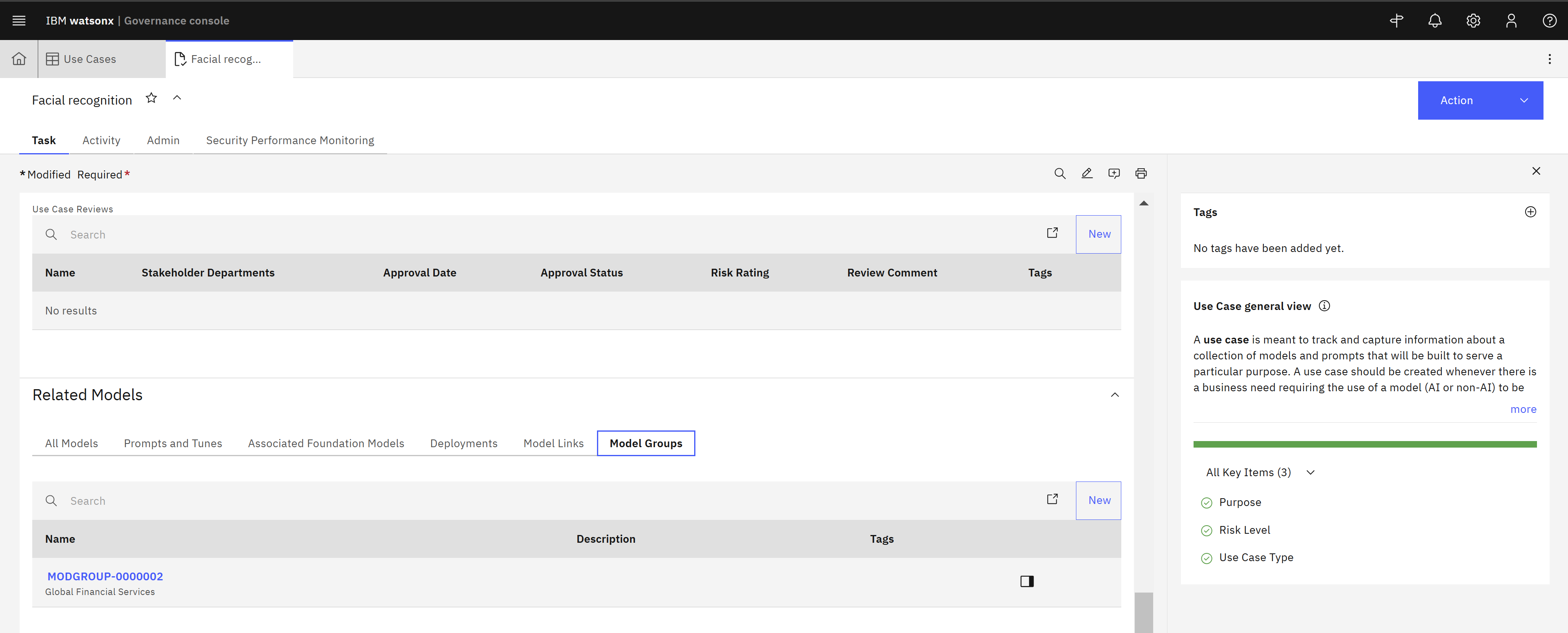 Screenshot of watsonx.governance showing a Model Group created under use case on approval.