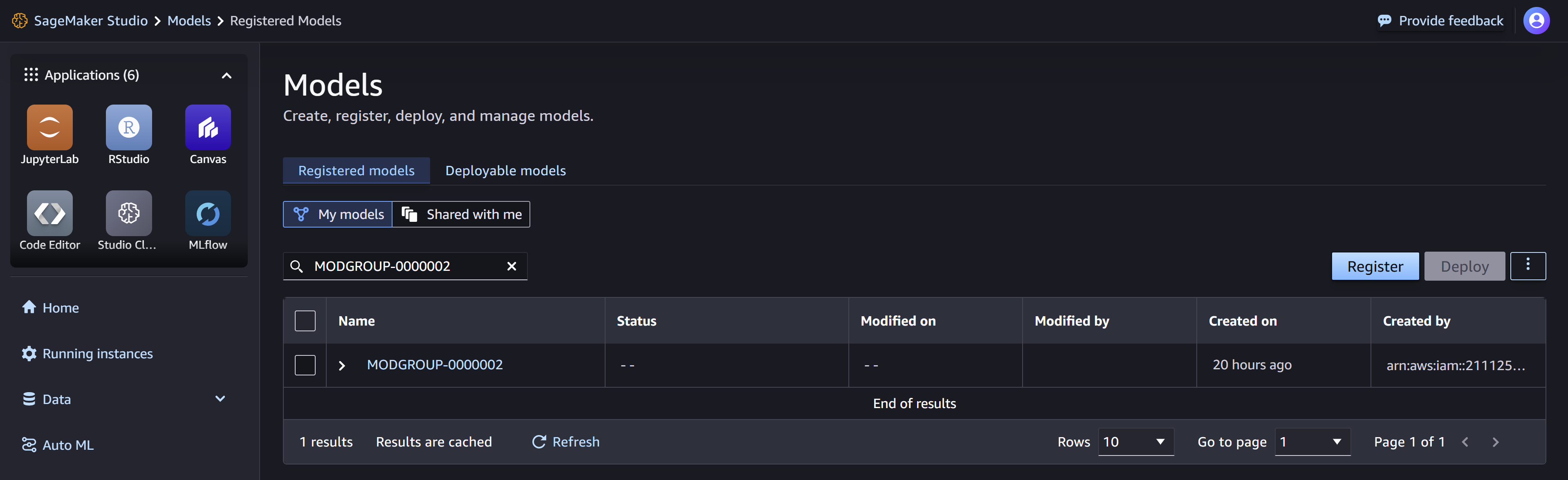 Screenshot of Amazon SageMaker Studio showing an automatically created model group in SageMaker upon Use Case Approval in watsonx.governance.