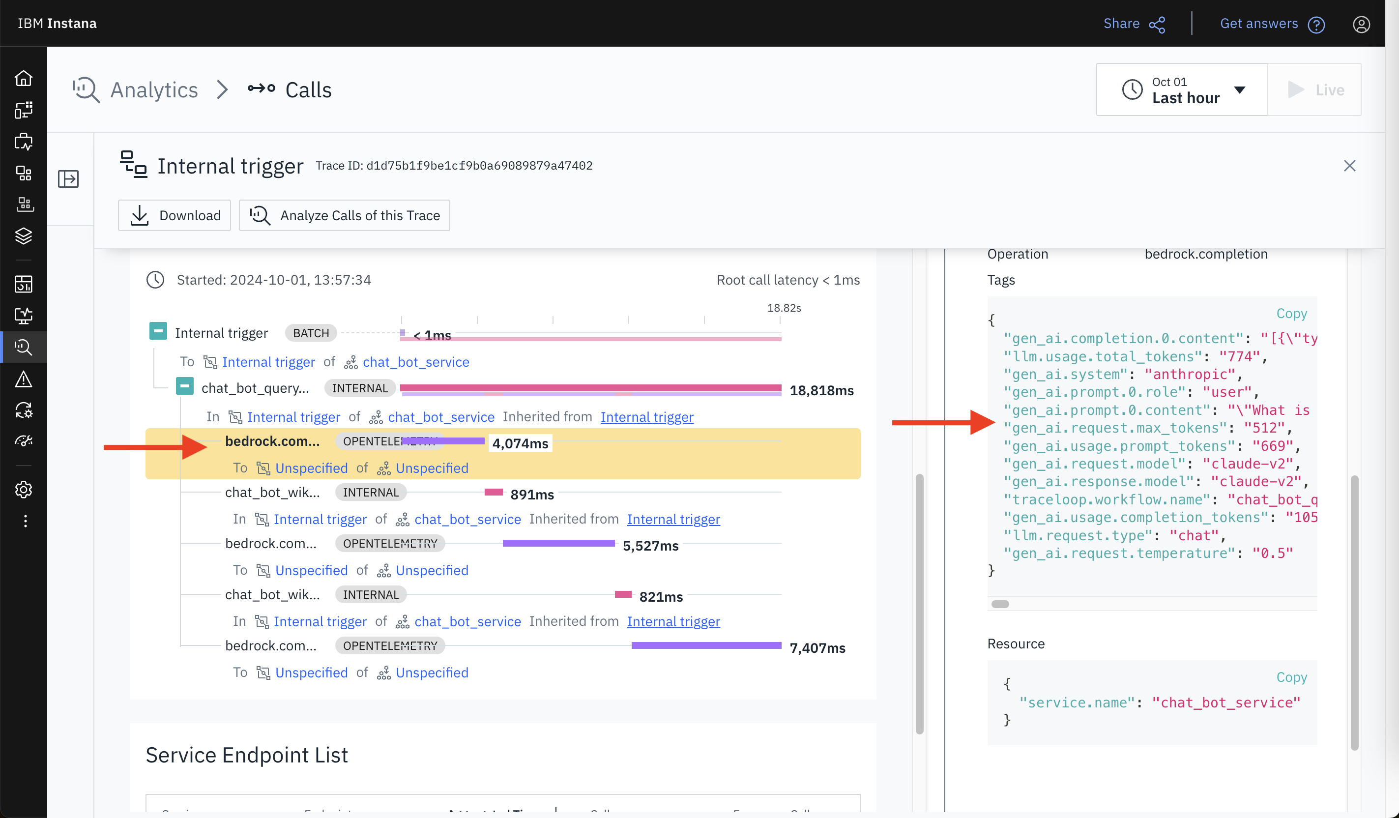 Screenshot of the IBM Instana Analytics page showing the full stack of the Amazon Bedrock React Agent application and all tags for a specified LLM call or tool call.