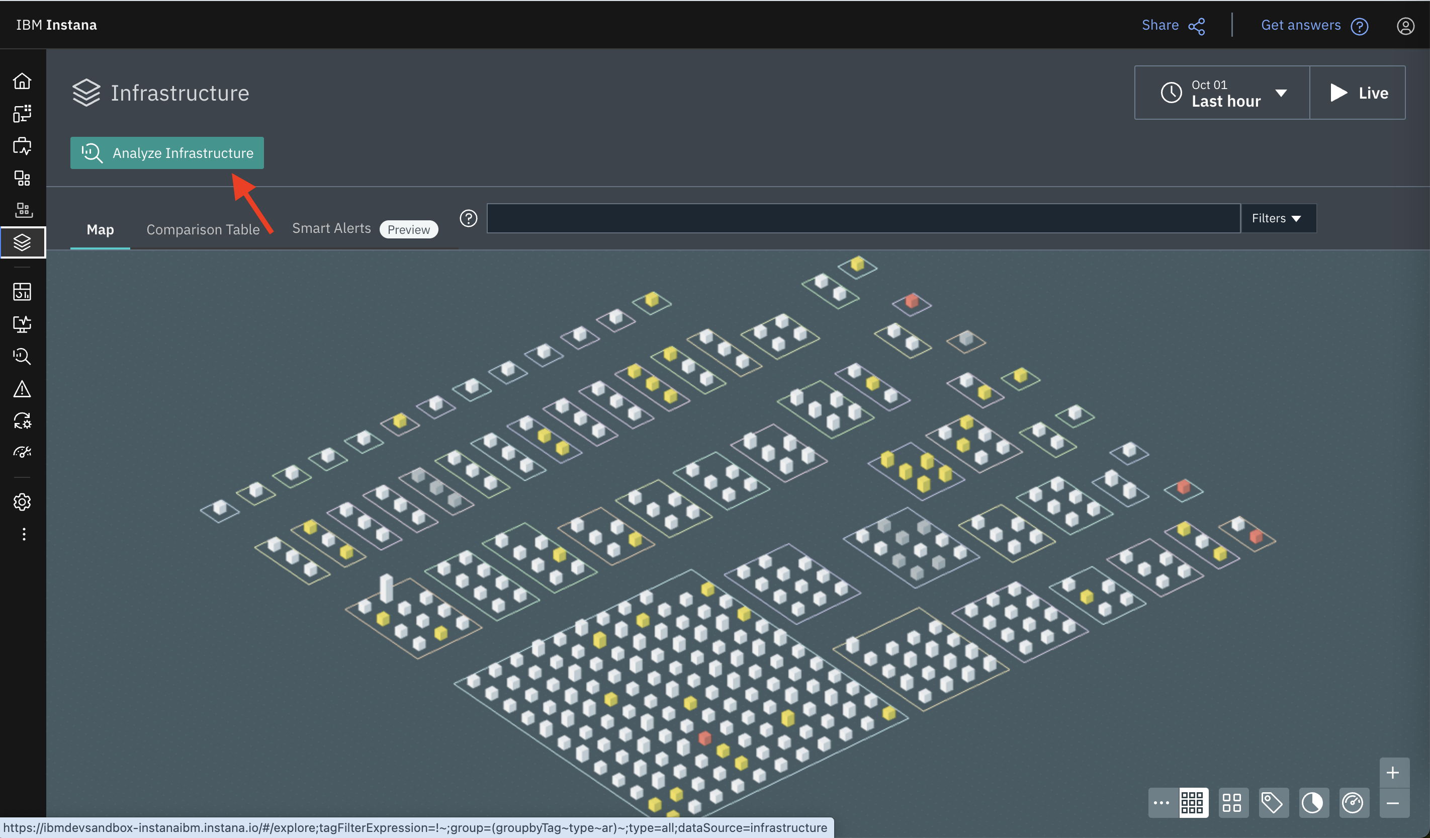 Screenshot of the IBM Instana console with the option to Analyzing infrastructure resources.