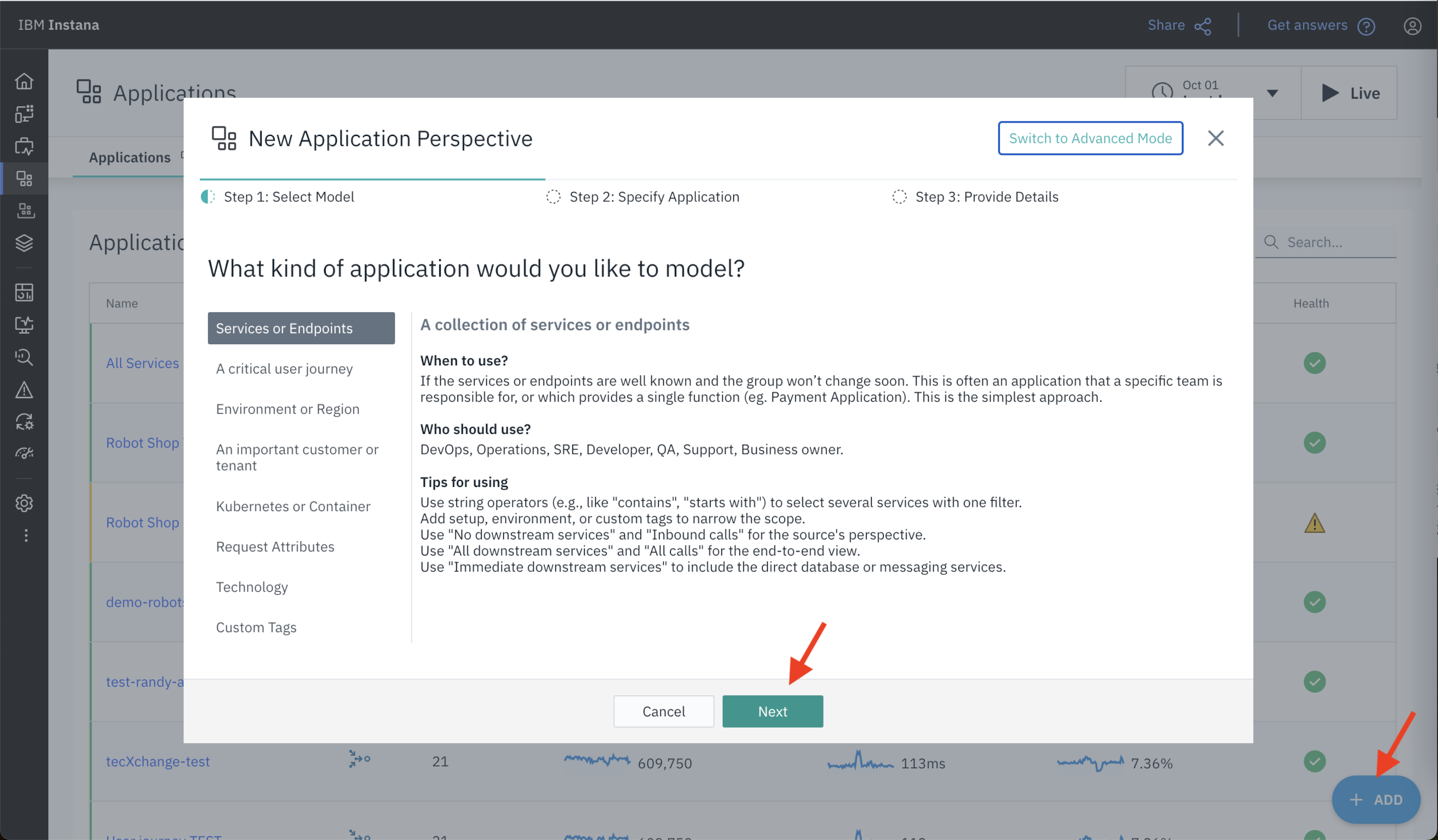 Screenshot of the IBM Instana dashboard showing how to create a New Application Perspective for the Amazon Bedrock Application.