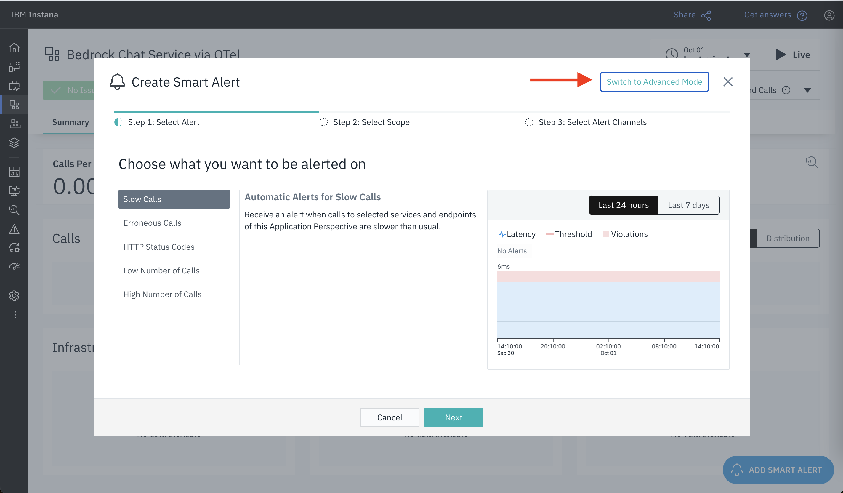 Screenshot of the Instana dashboard showing how to create a Smart Alert for the Amazon Bedrock chatbot application.
