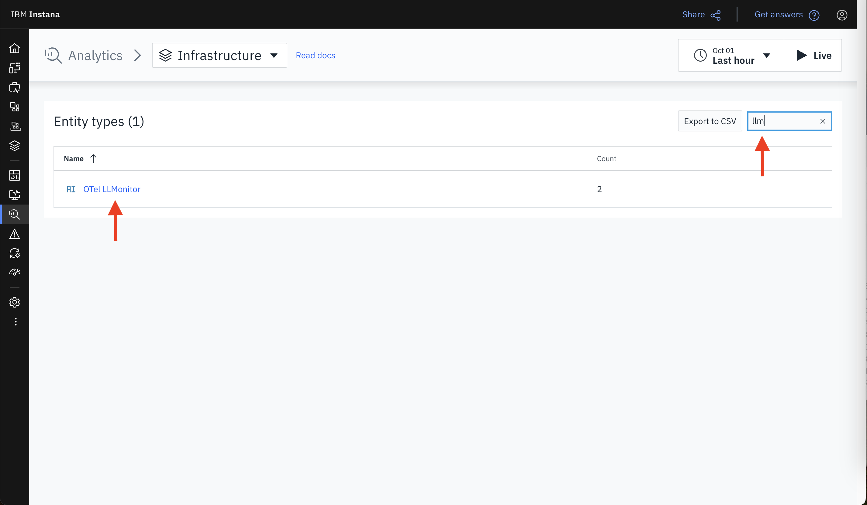 Screenshot of the IBM Instana dashboard showing how to filter by LLM to find LLM-specific metric data sources.