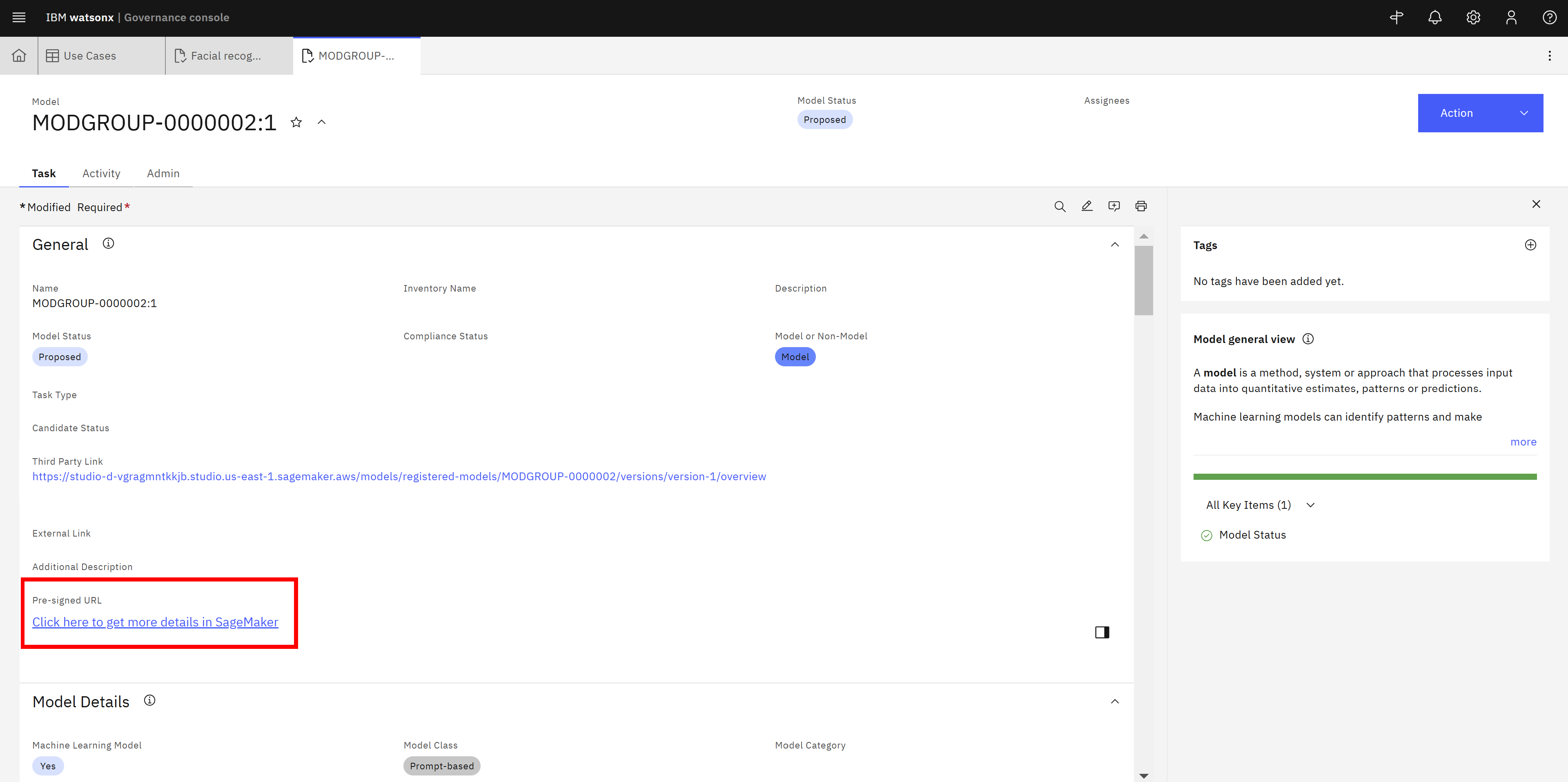Screenshot of watsonx.governance showing the SageMaker model package information automatically synchronized with watsonx.governance and the link to access the SageMaker Studio UI to view the model information.