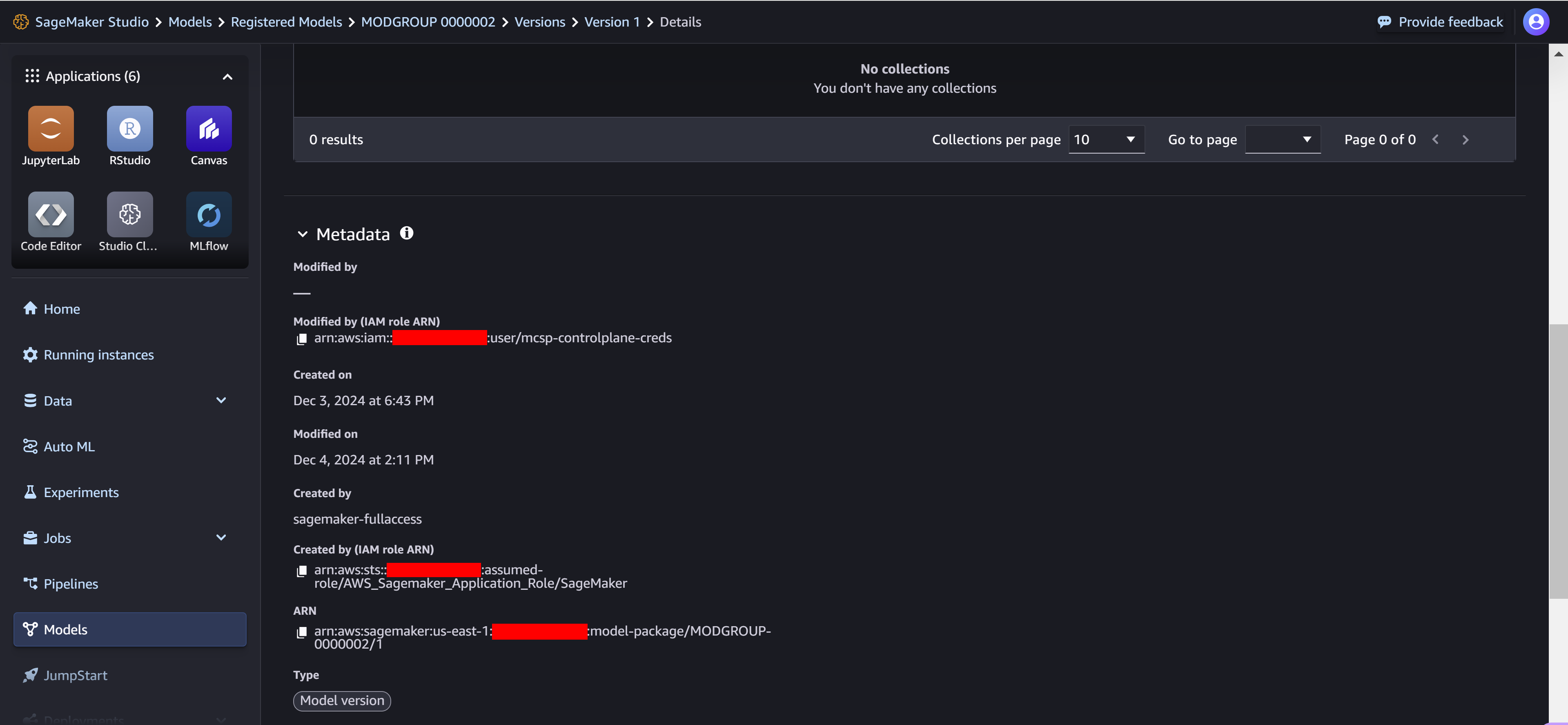 Screenshot of SageMaker Studio showing metadata of a Model Package for a Model developed in SageMaker.