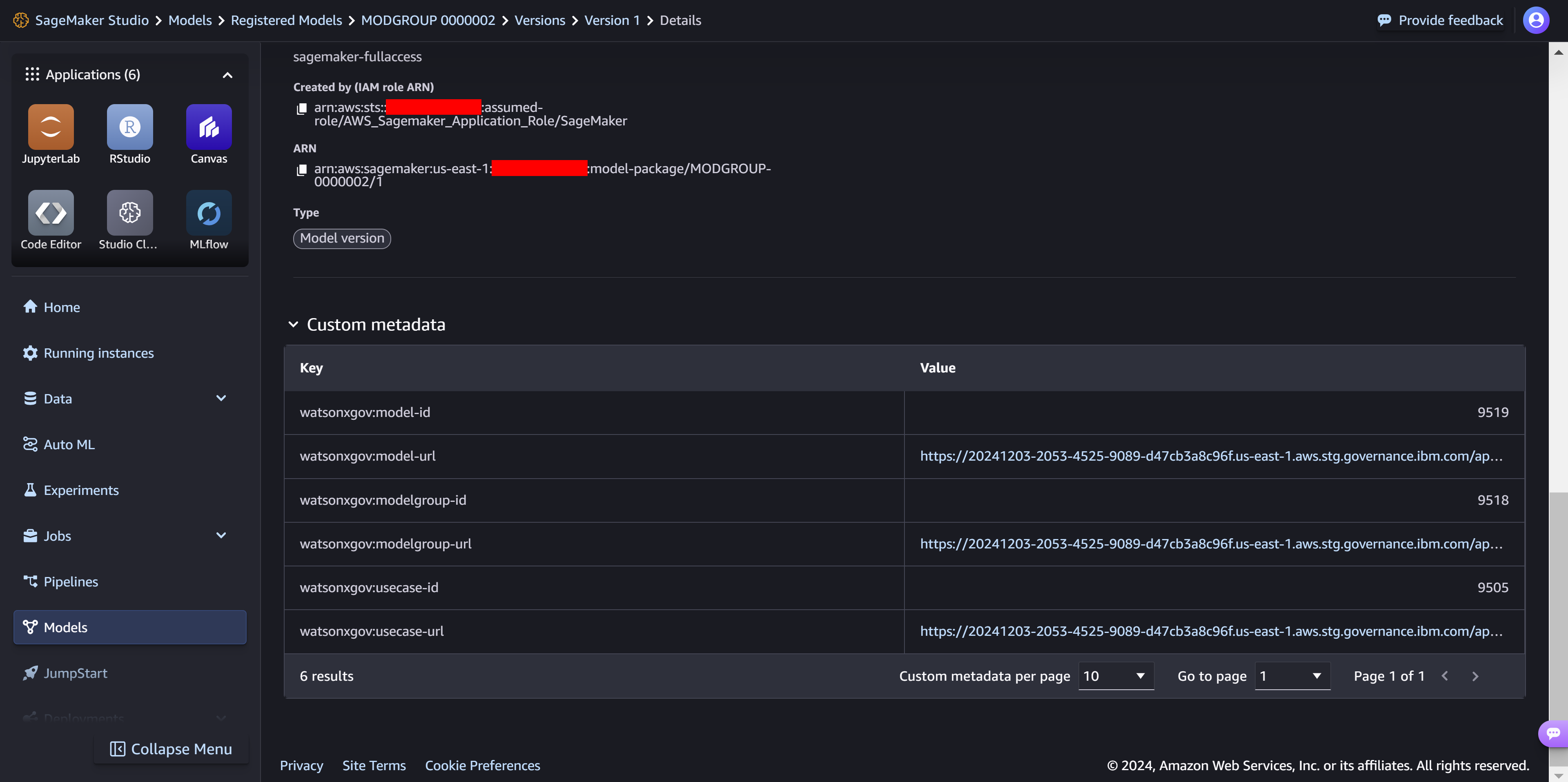A screenshot of the SageMaker Studio UI showing the watsonx.governance information synchronized to the SageMaker Model Package