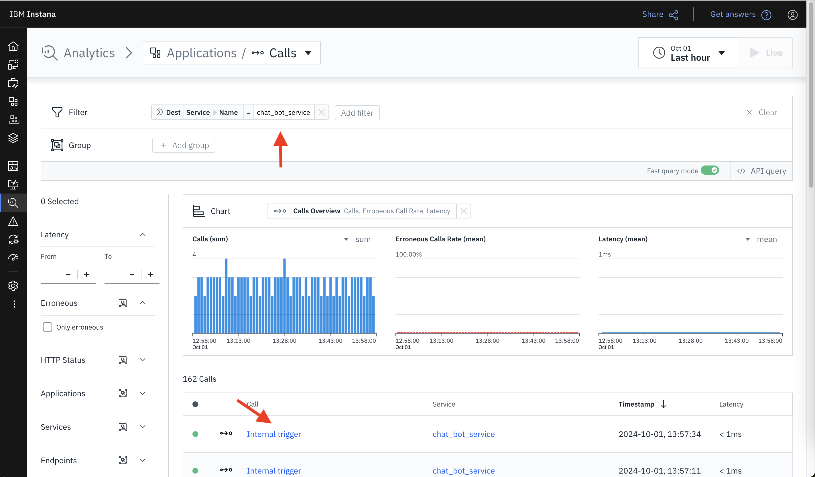 Screenshot of the IBM Instana Analytics page, show how to select the desired service and choosing the Internal Trigger link to view the tracing details.