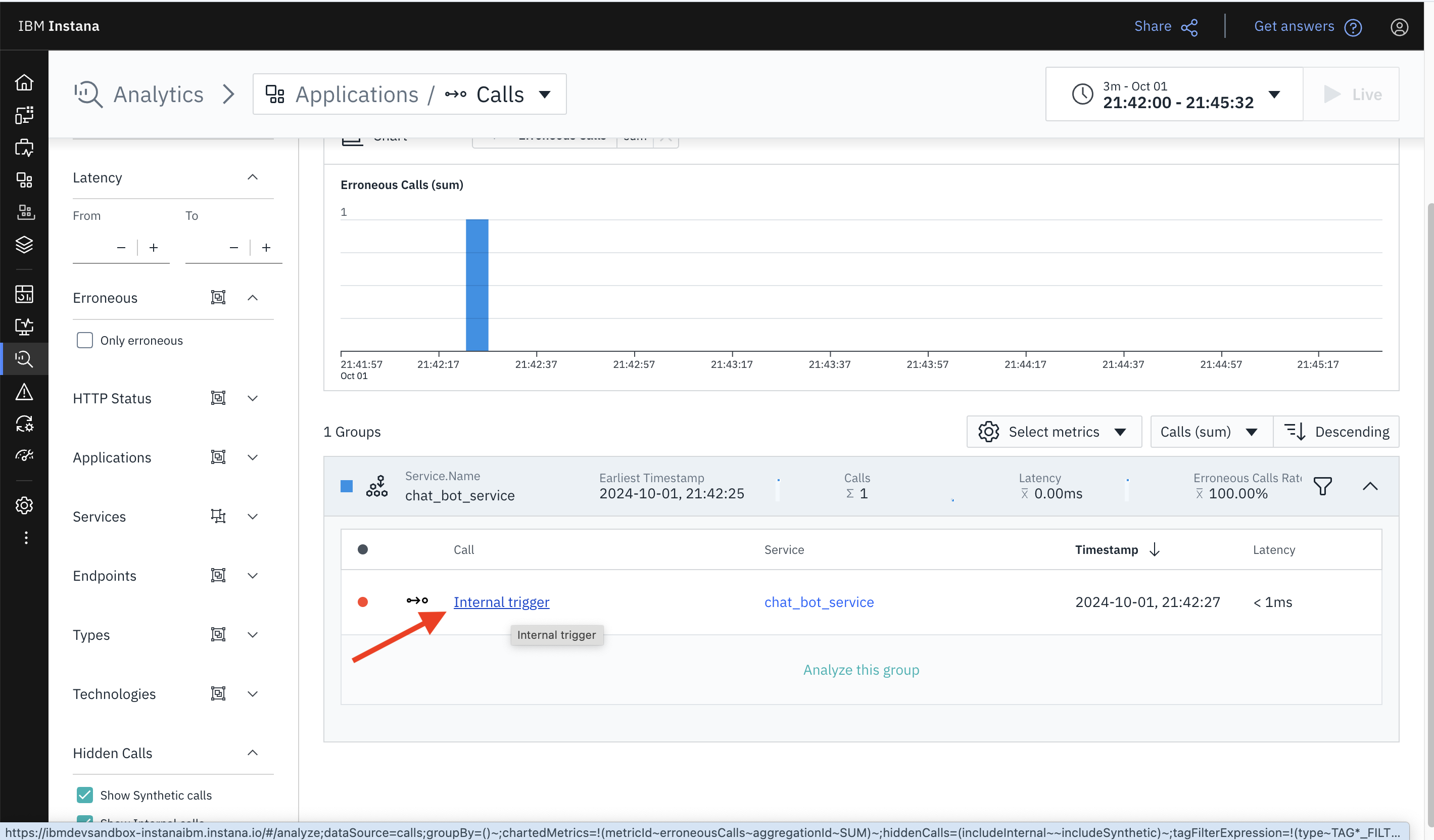Screenshot of the Instana Analytics dashboard showingall the erroneous calls. Choose the Internal trigger link to visualize details of the errors.