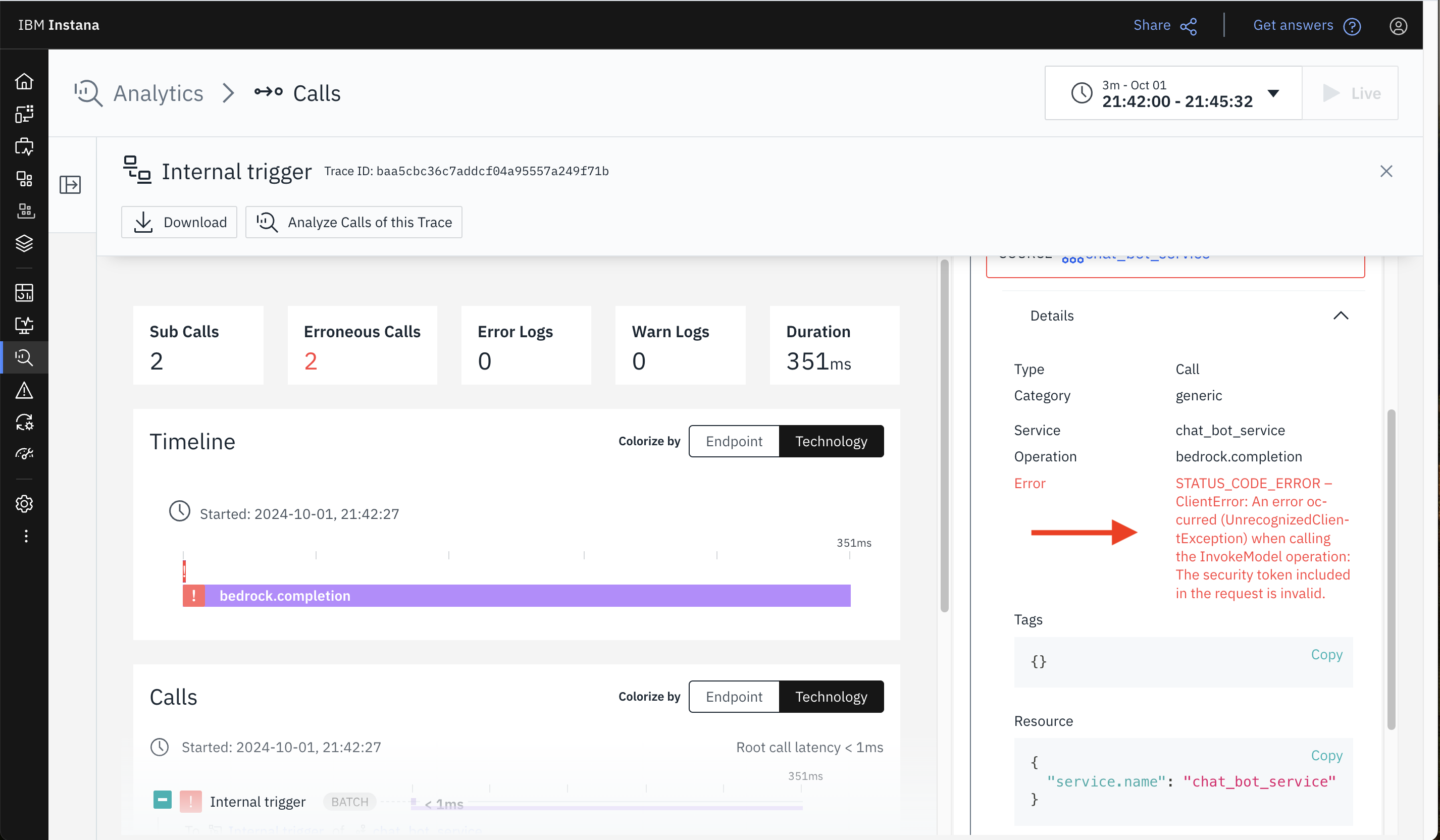 Screenshot of IBM Instana Analytics dashboar where you can view the error details. And, identify the Root Cause for Amazon Bedrock Application via Smart Alert.