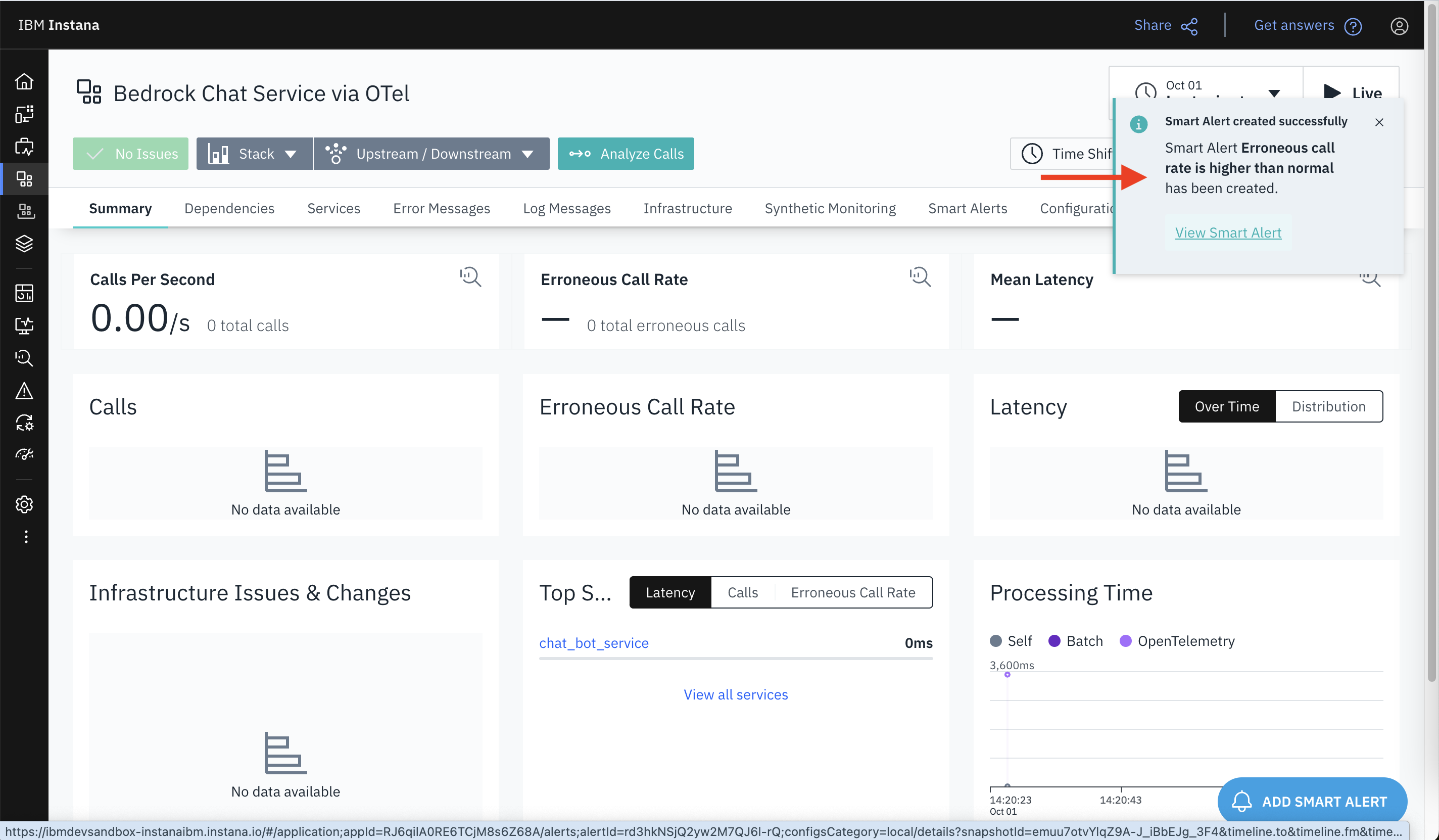 Screenshot of the IBM Instana dashboard showing a message of the new Smart Alert being created and providing a direct access link to it.