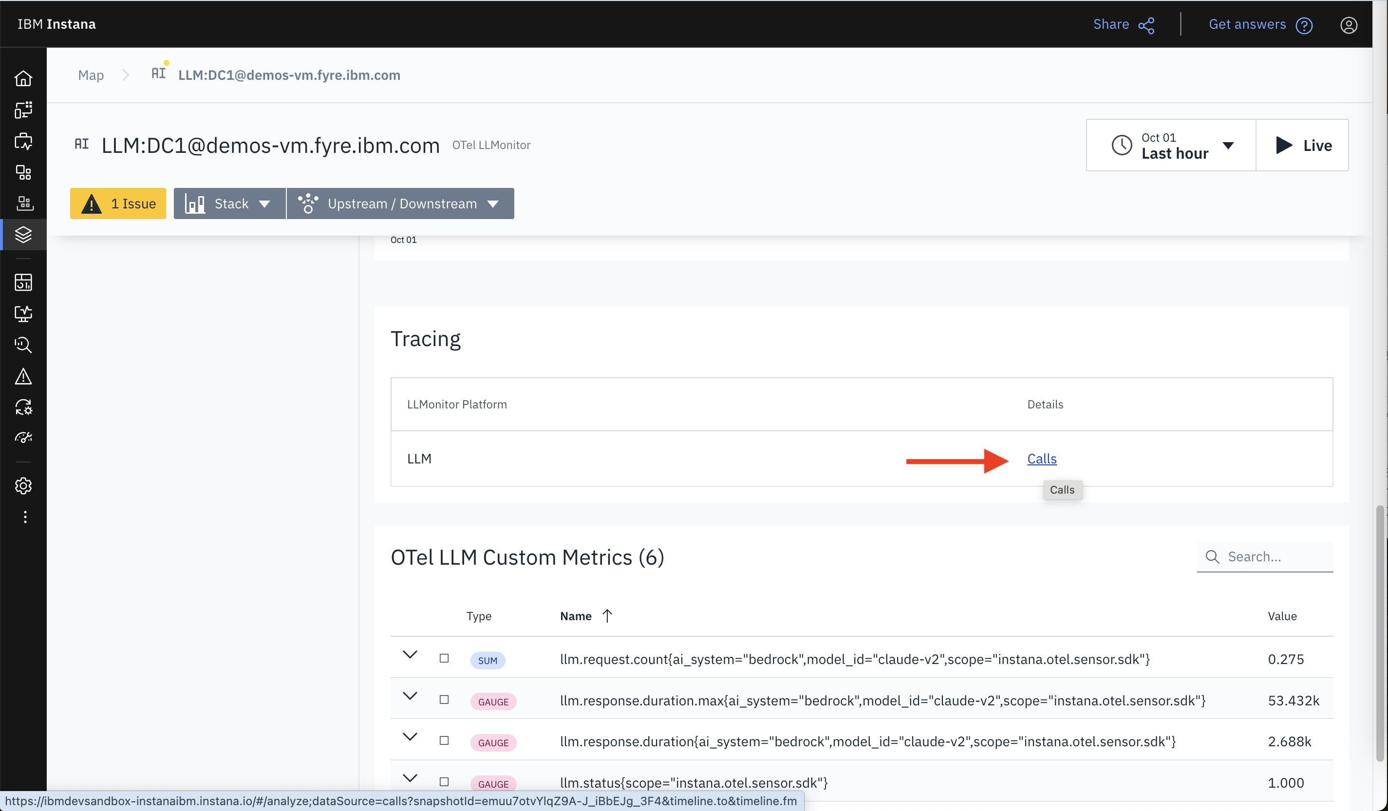 Screenshot of the IBM Instana dashboard showing how to use the Calls link and navigate to the Amazon Bedrock API calls to visualize tracing information.