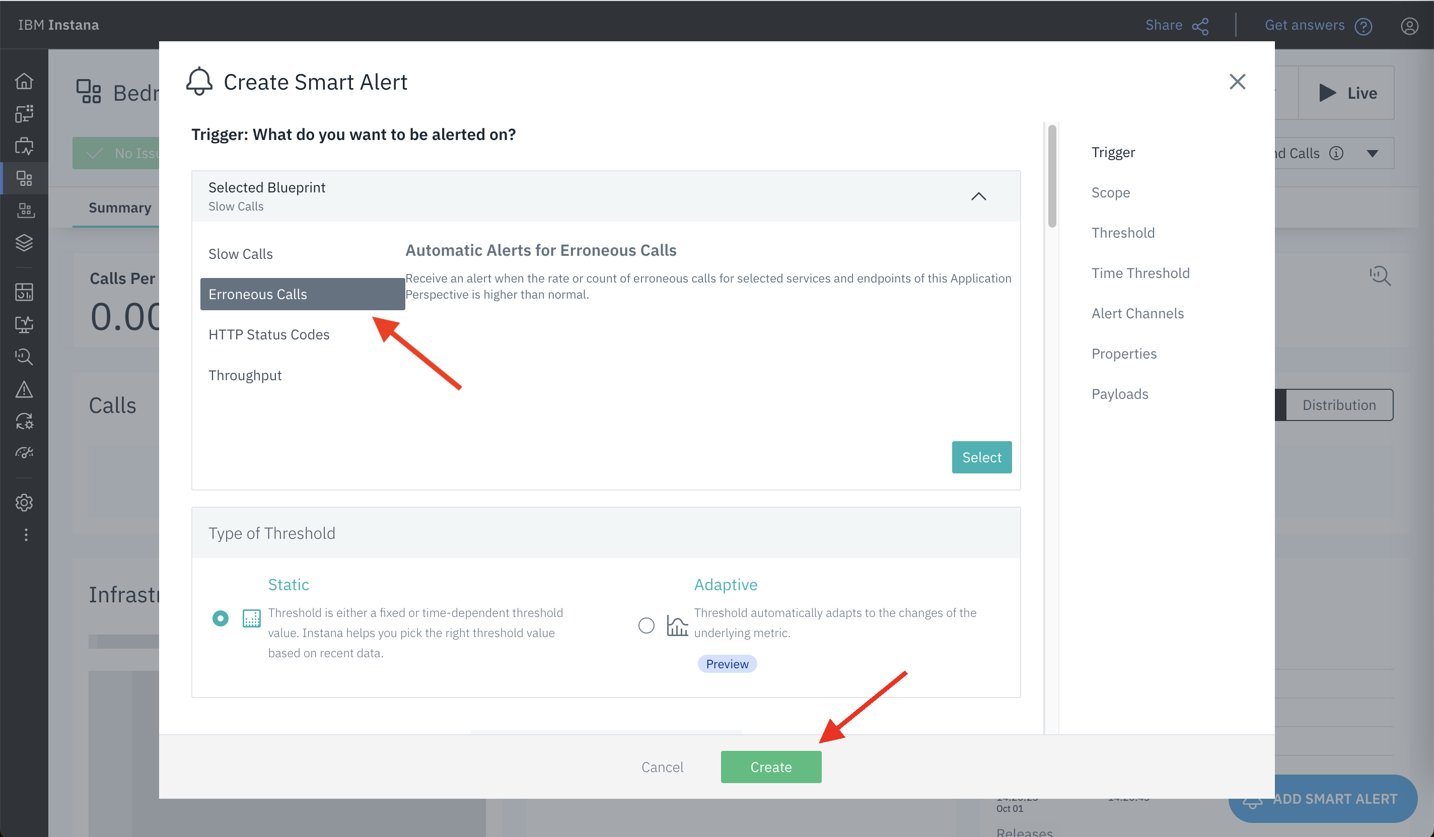 Screenshot of the IBM Instana dashboard showing how to select ana Alert Condition to create a new Smart Alert.