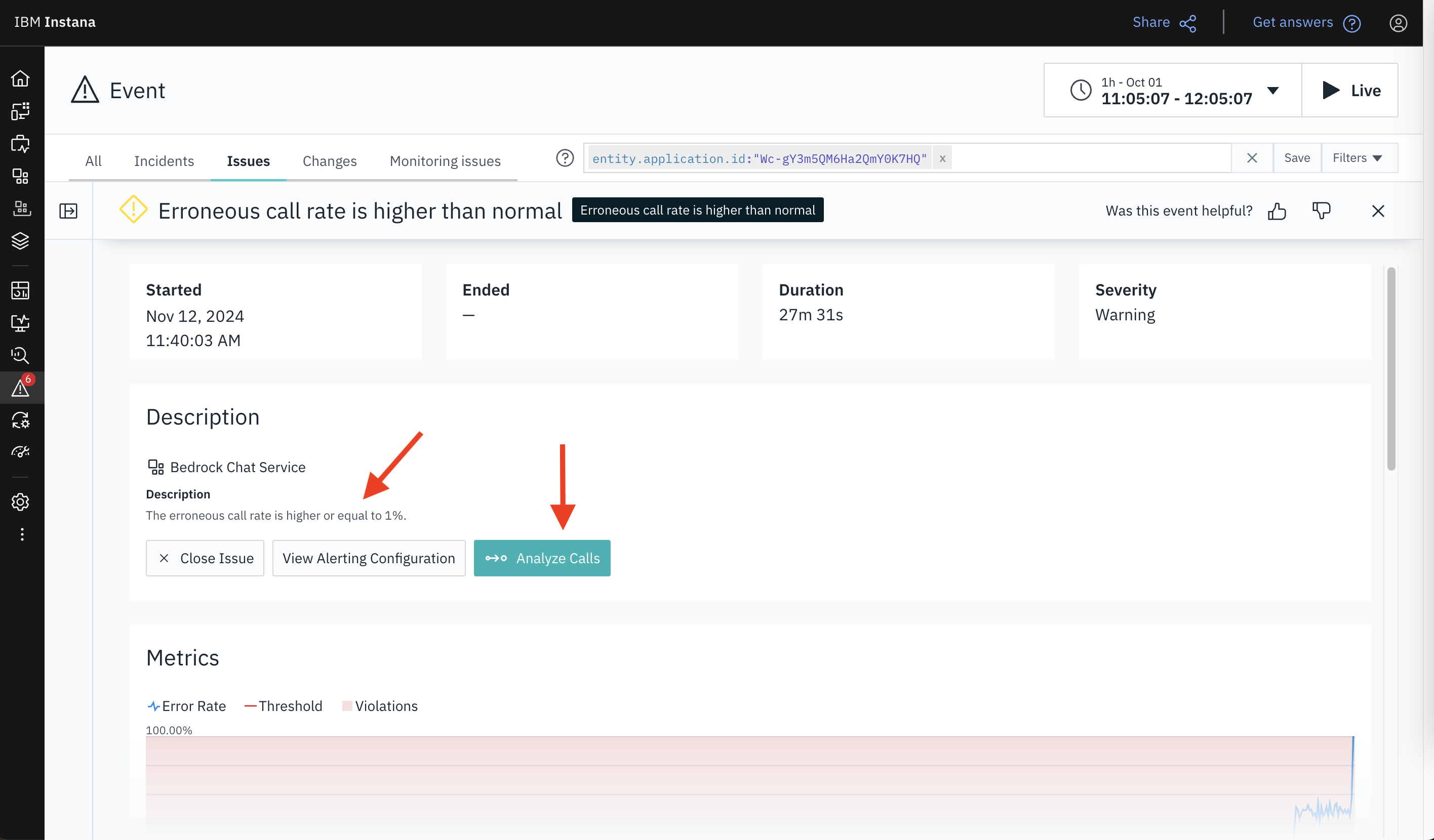 Screenshot of the Instana dashboard showing how to choose the Analyze Calls button to get more details on what’s wrong with your application.