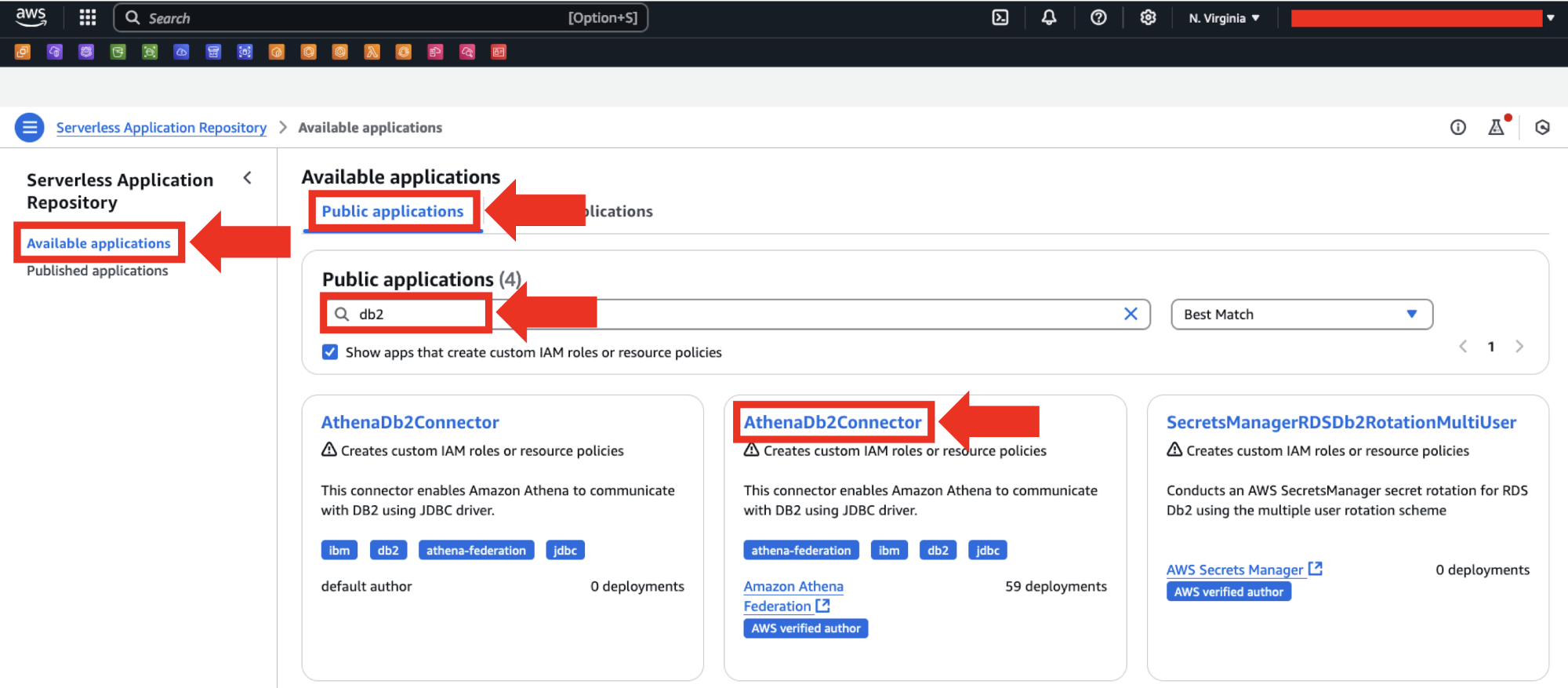 Screenshot of the AWS Serverless Application Repository used to deploy the AthenaDb2Connector.