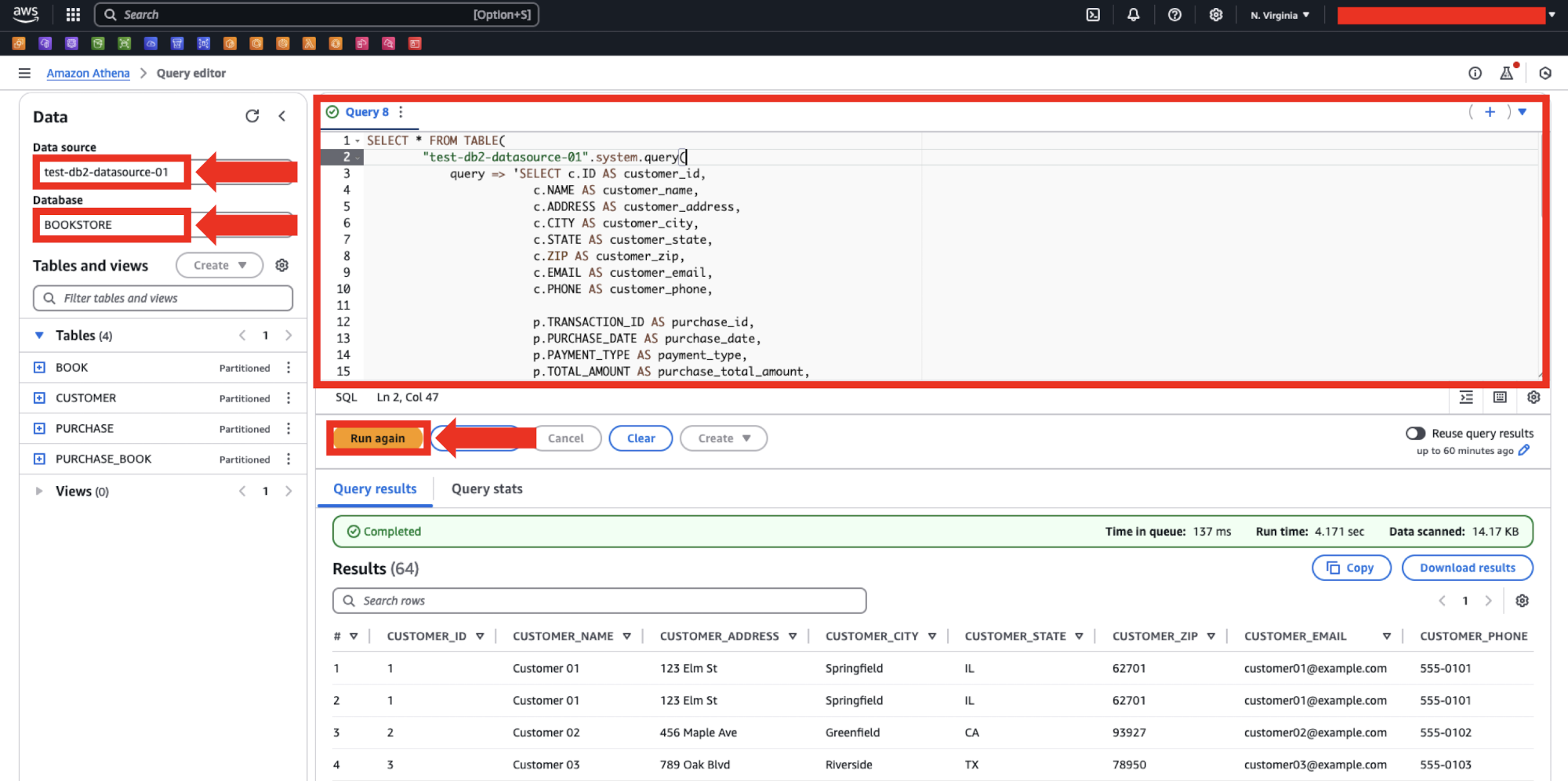 Screenshot shows how to run federated queries against our Db2 instance with Amazon Athena.