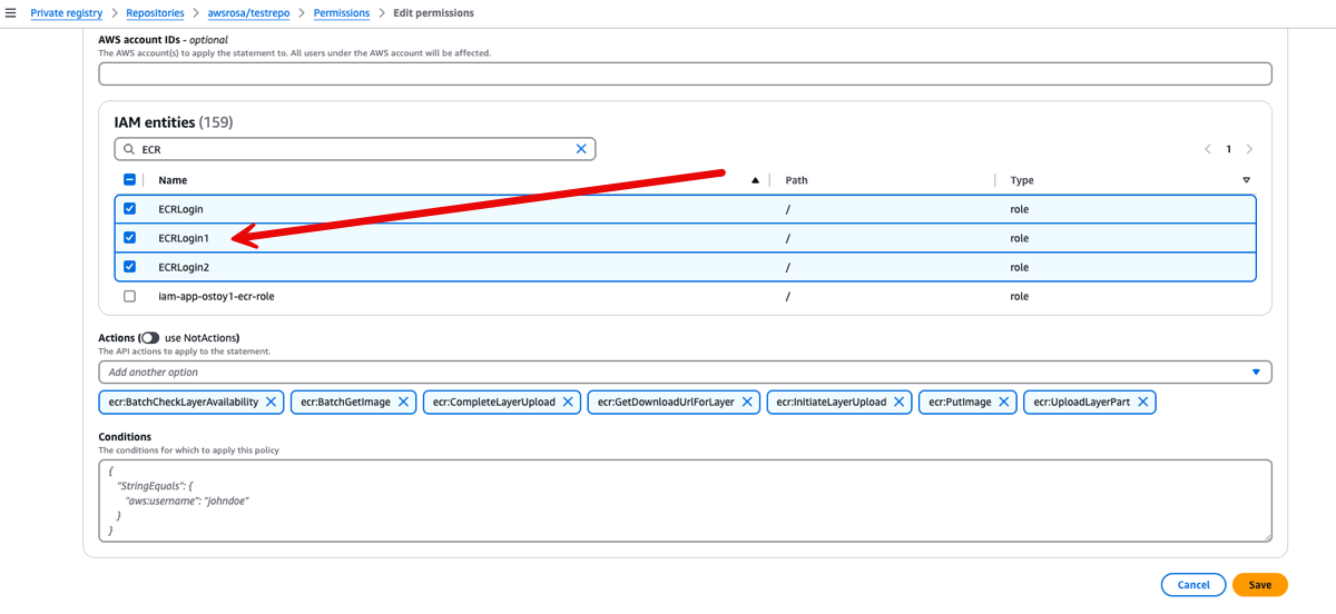 ECR permissions with the ECRLogin1 role