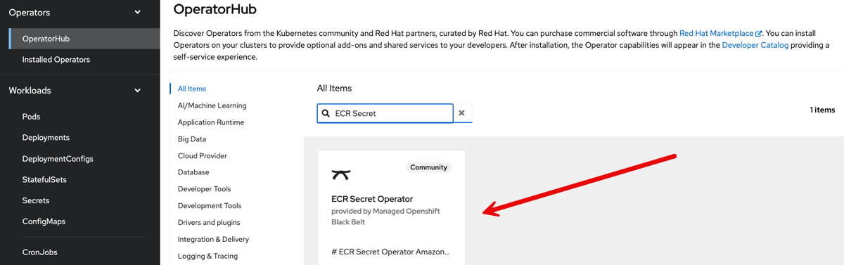 OperatorHub catalog in ROSA