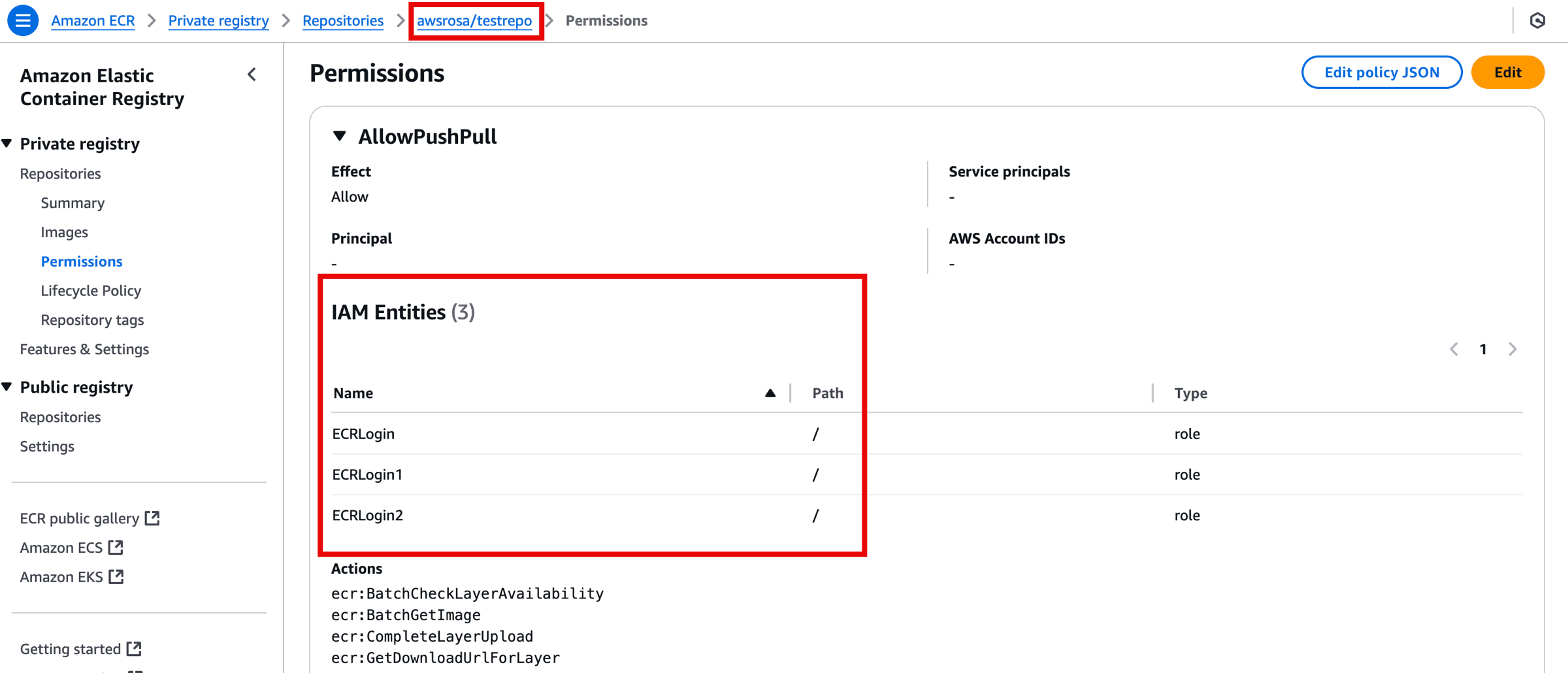 Permissions section of the ECR repository