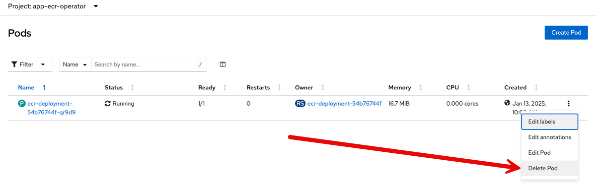 Delete the pod in the ROSA console