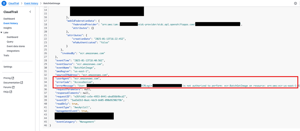 Cloud Trail error message for the failed ECR image pull