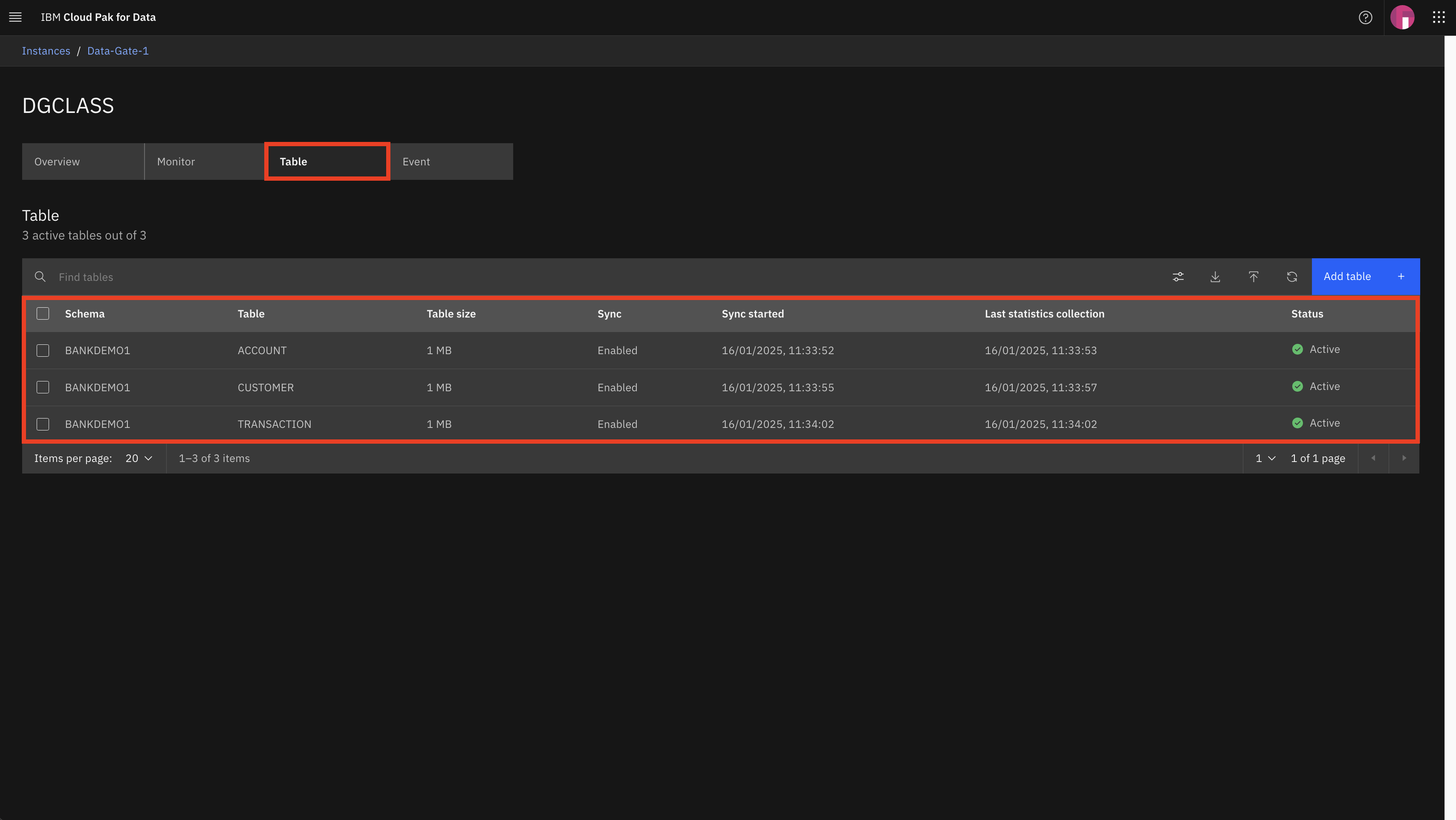 The Data Gate “Table” tab shows detailed information about all replicated tables, their first synchronization date, as well as their states. Here, we see the four selected tabls from the previous screen which all have the state “Active”, meaning that data is continuously kept up to date. 