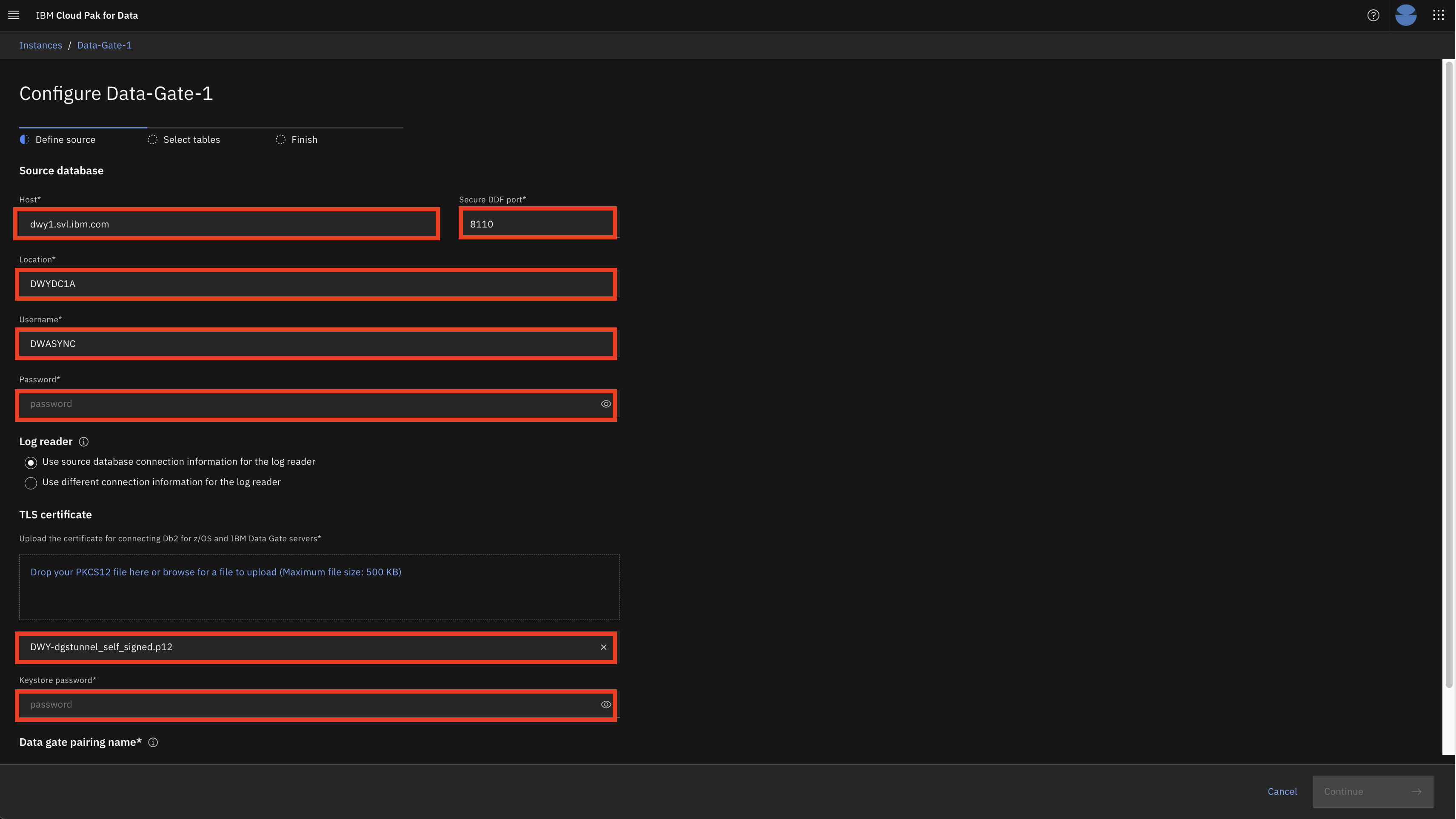 Data Gate mask for defining connectivity configuration to a Db2 for z/OS subsystem. It contains information like host, port, subsystem, credentials and certificate information. 