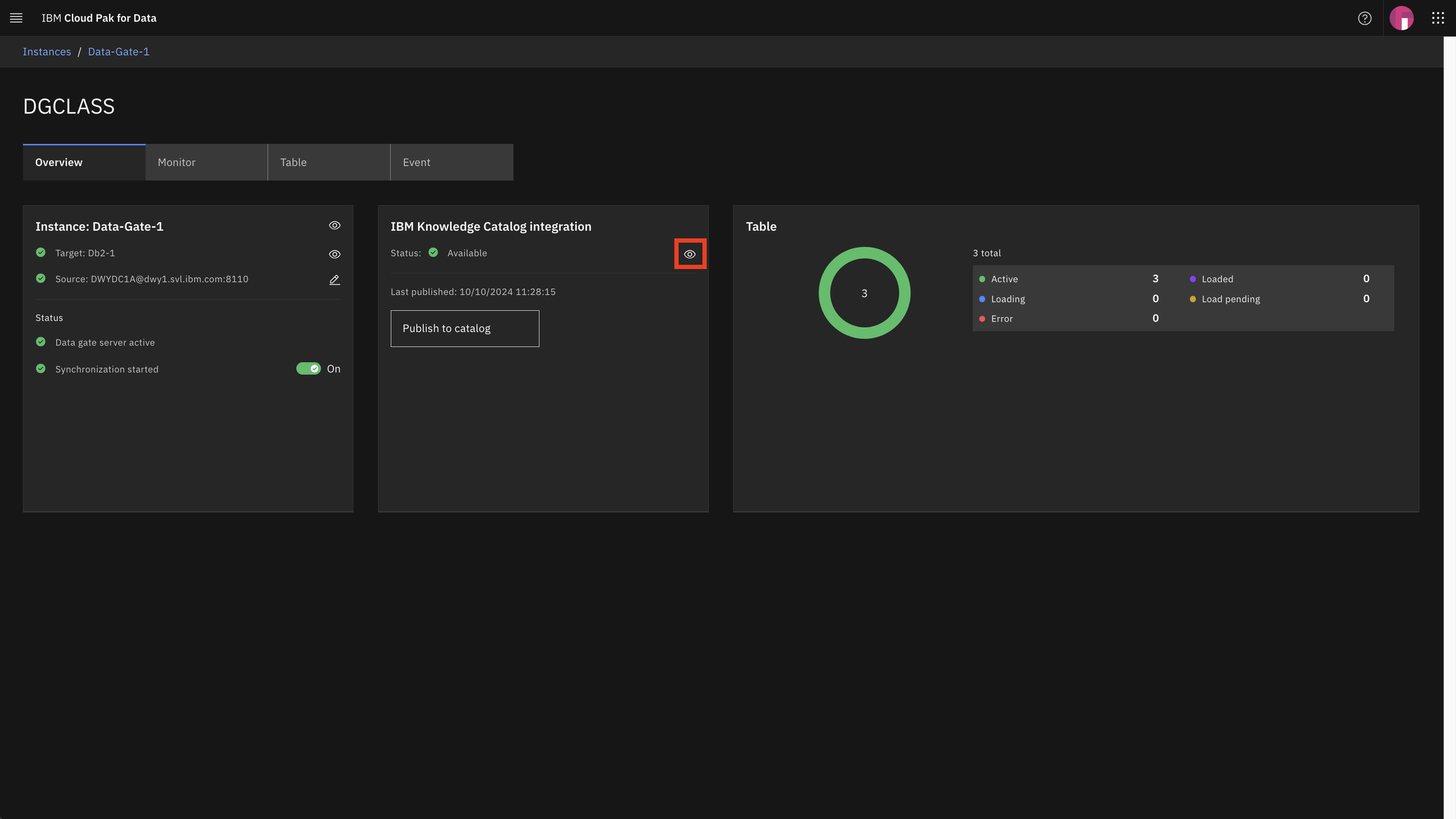 After clicking the “Publish to catalog” button the IBM Knowledge Catalog panel provides a link to the target catalog. Also infrormation about the tartget catalog is presented as an Info message on the top of the screen. 