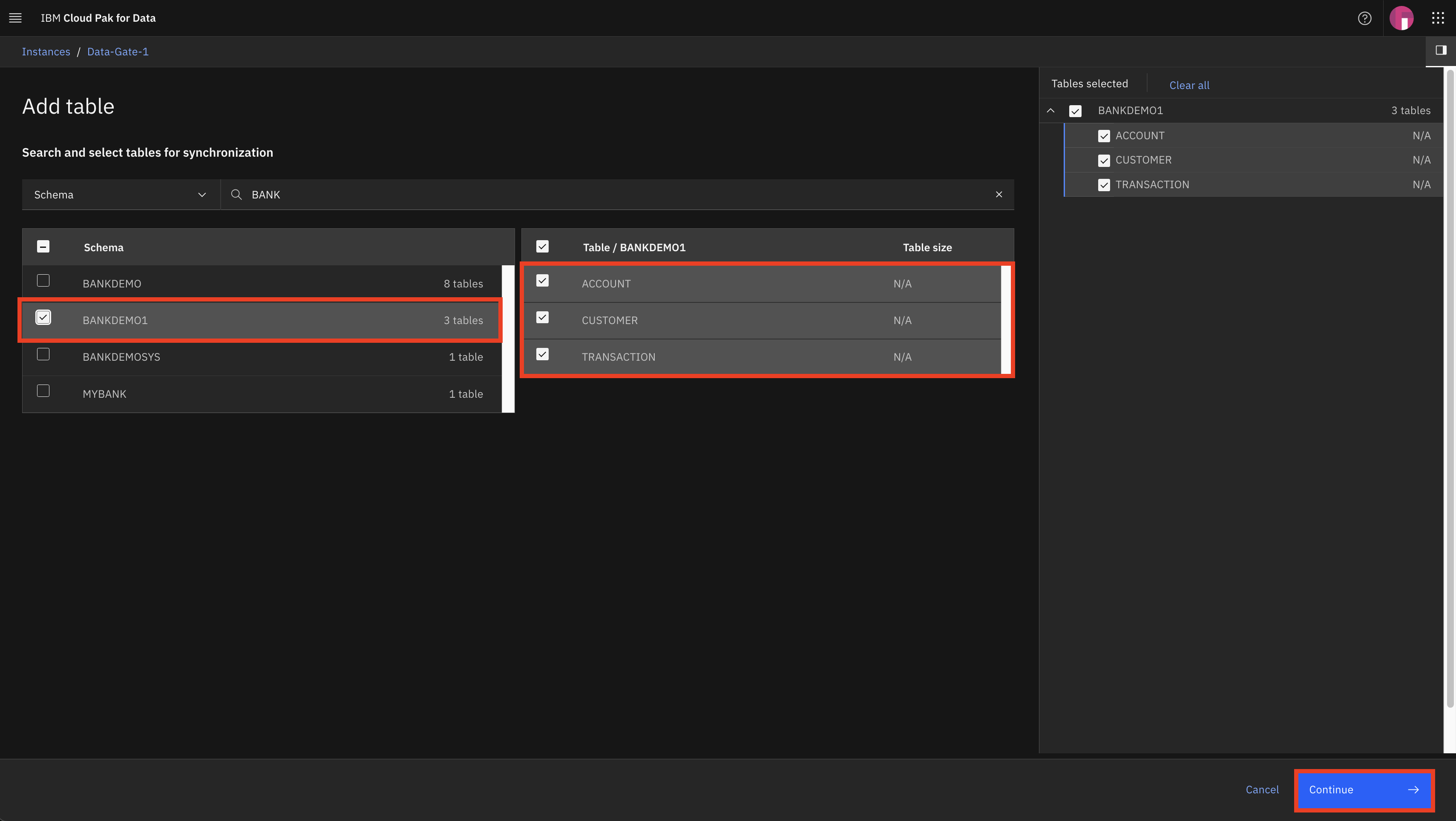 Data Gate screen for selecting source tables and schemas which have to be replicated to the cloud database. Here we have selected the schema LOANDEMO and the tables ACCOUNT, BORROWER_HISTORY, CREDIT and ORDERS friom the schema.