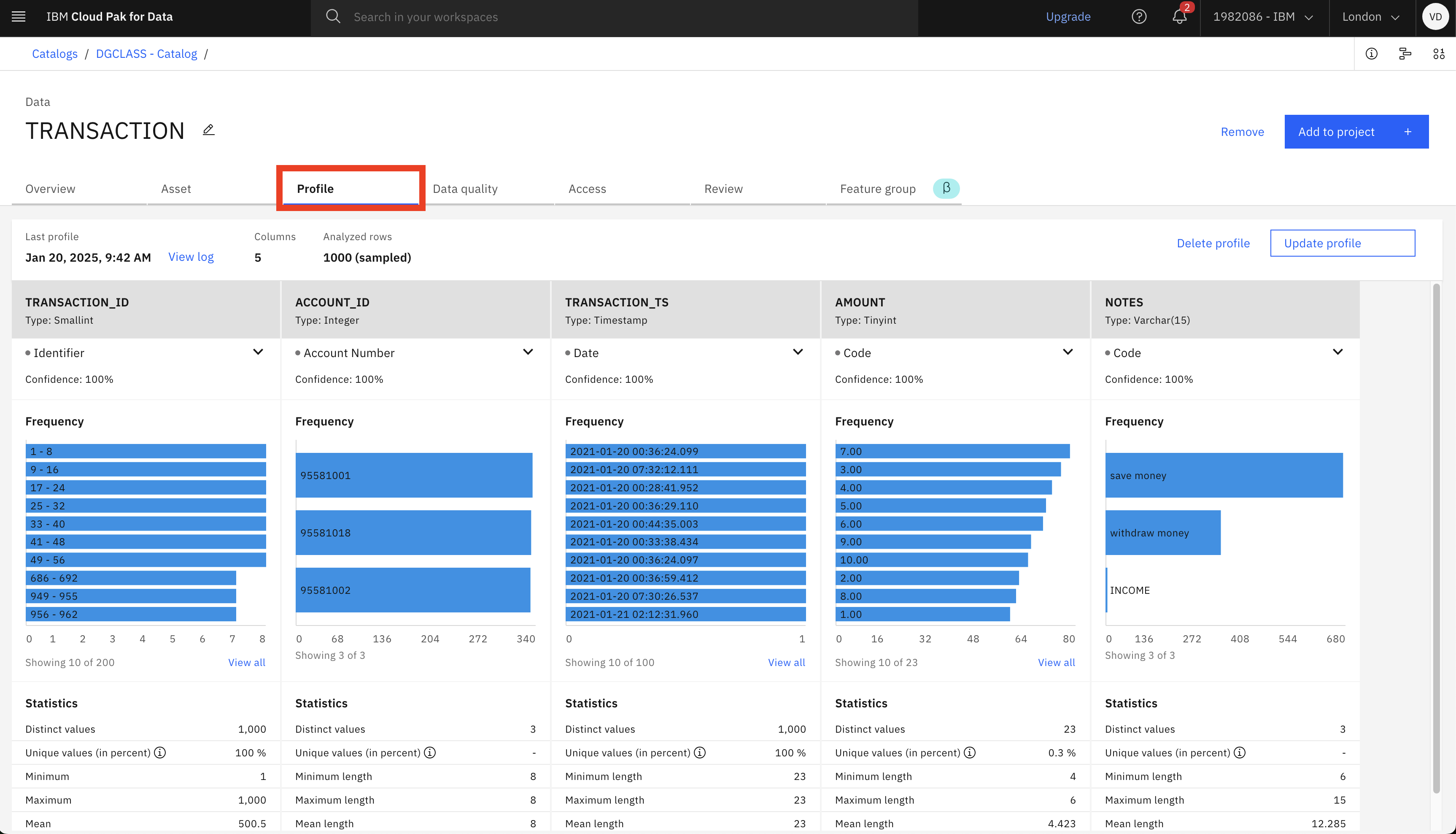 On the Profiling tab of a specific data asset (in this case, the Orders table), you can trigger a profiling job and see the results of it, summarizing statistical information about the table data.