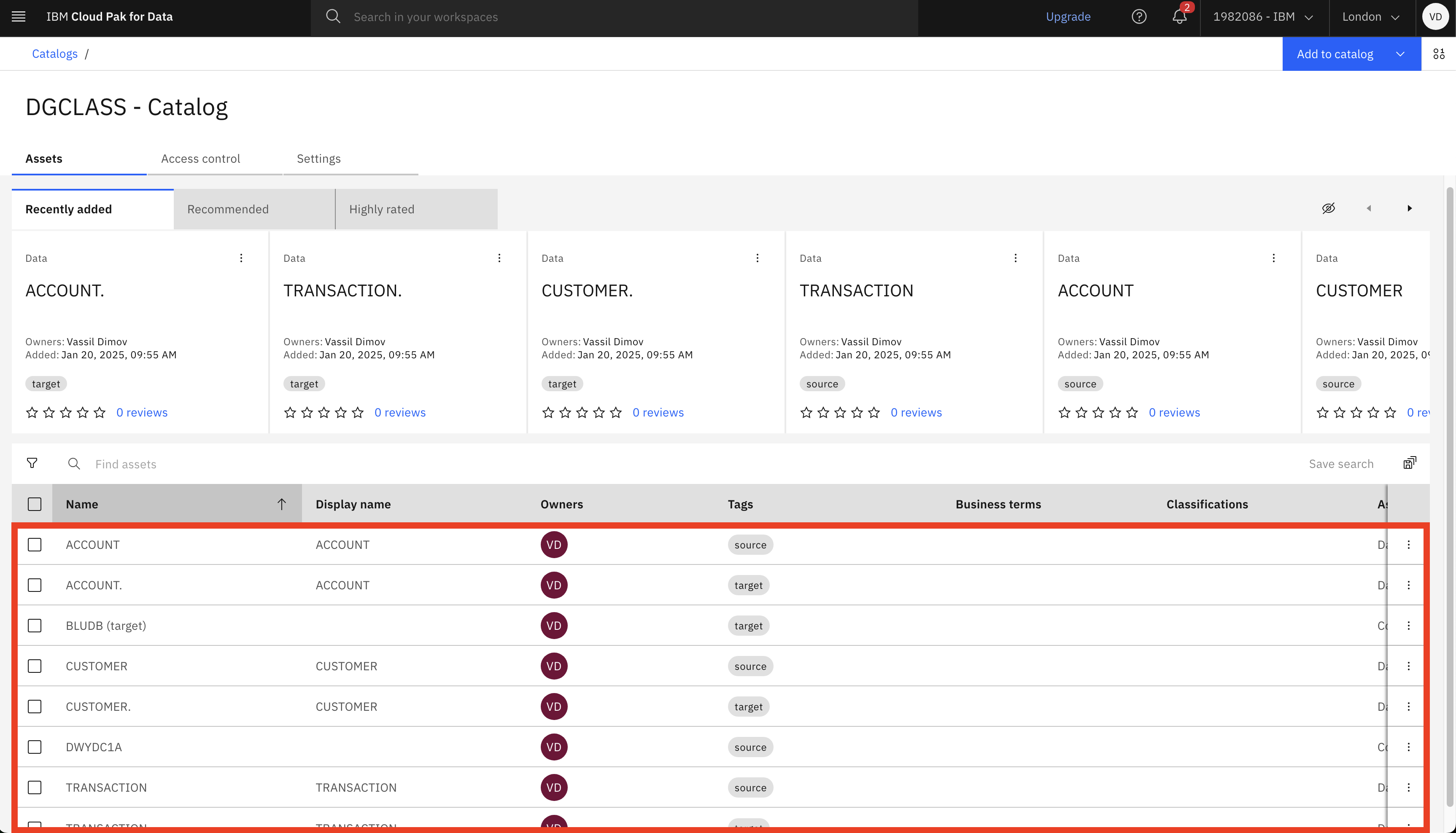 The IBM Knowledge Catalog dashboard shows all data assets that were created by Data Gate. Those are Connections to the target and source databases as well as Data Assets representing the source and the target tables.